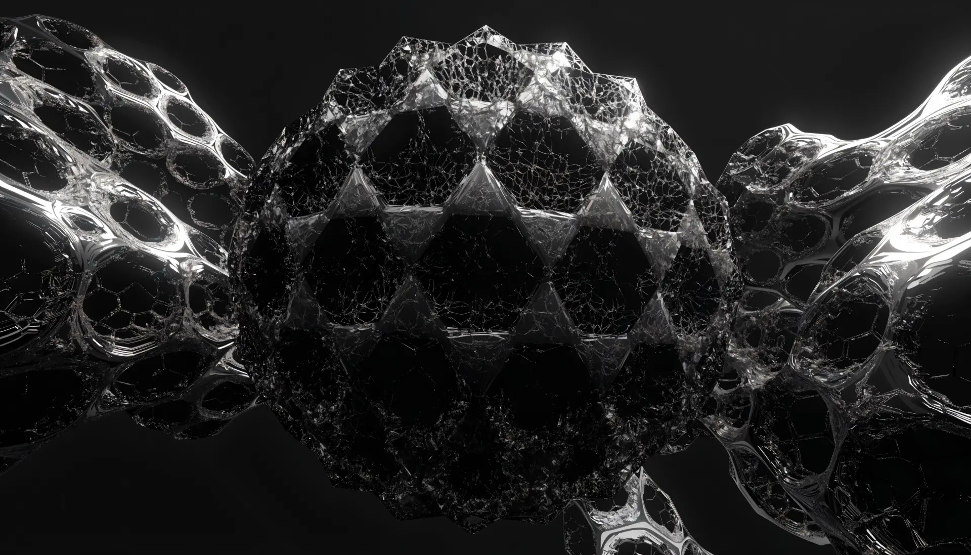 Black aesthetic abstract 4K desktop wallpaper showing a glossy geometric sphere with tessellated triangular facets connected to organic lattice forms against a dark background.