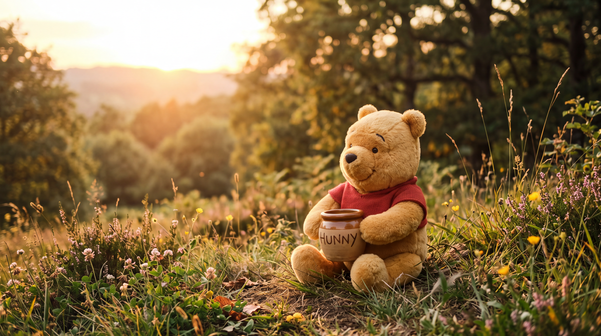 Winnie the Pooh plush teddy bear sits in a sunlit meadow clutching a honey pot, 5K Ultra HD PC desktop wallpaper background.