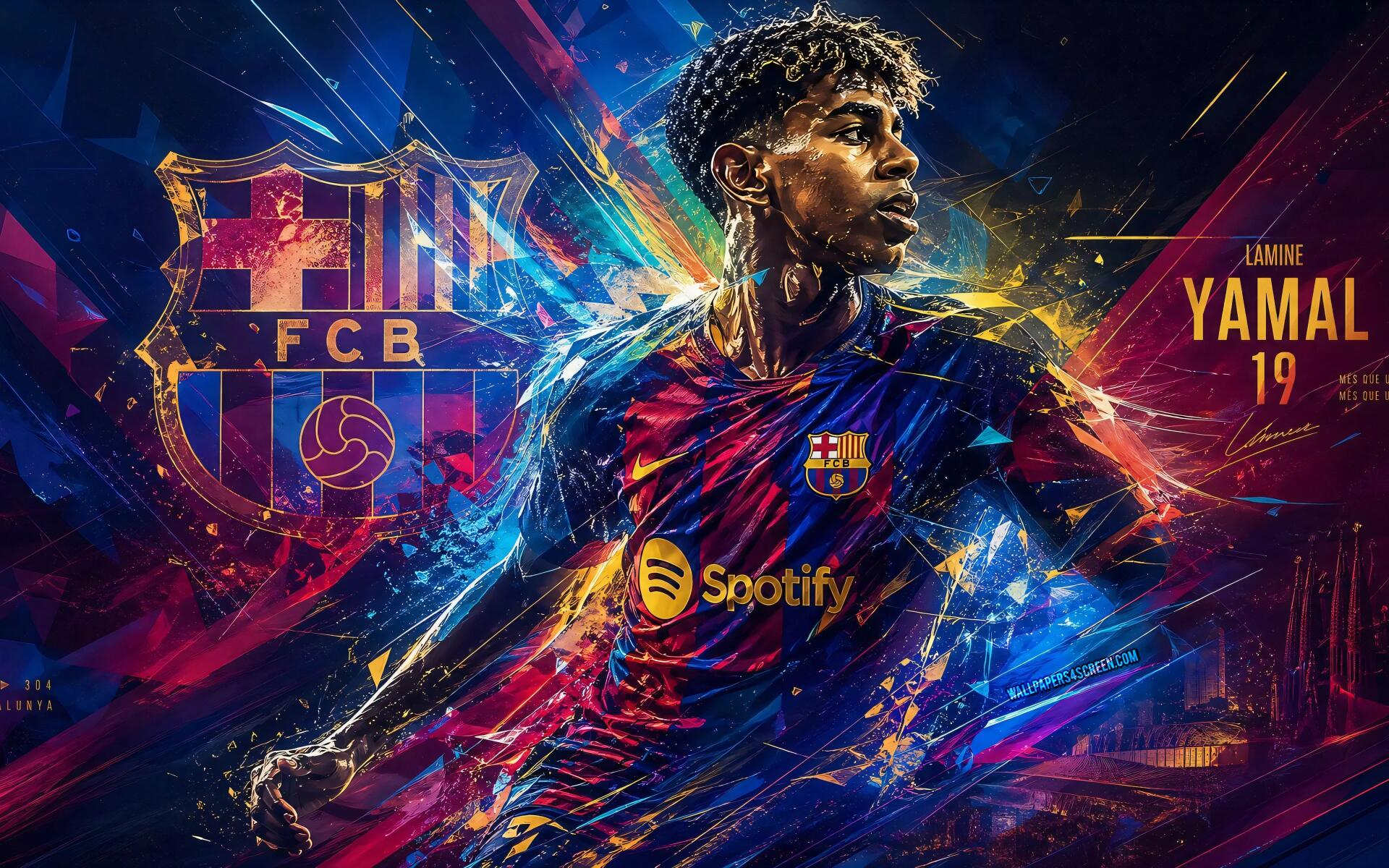 4K Ultra HD PC wallpaper: dynamic digital portrait of an FC Barcelona soccer player in club kit (No.19), club crest and Spotify sponsor amid vivid neon brushstrokes and motion effects.