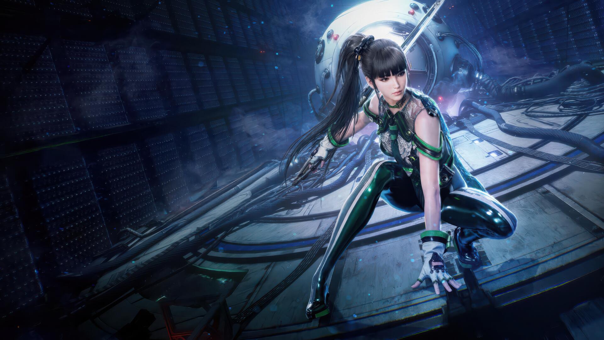 Stellar Blade video game heroine crouches on a futuristic ship interior, ready to strike; dynamic 4K Ultra HD PC desktop wallpaper and background with neon blue lighting.
