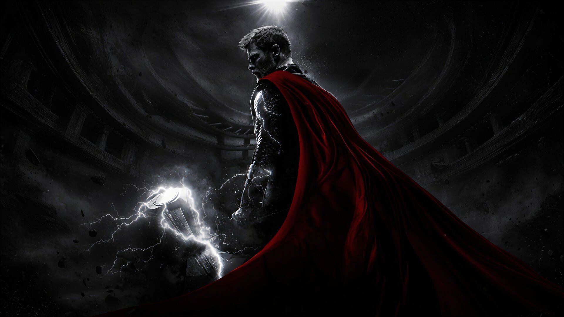 Dark digital art 4K Ultra HD PC desktop wallpaper: Thor stands in a ruined circular arena, red cape flowing as lightning crackles from his hammer.