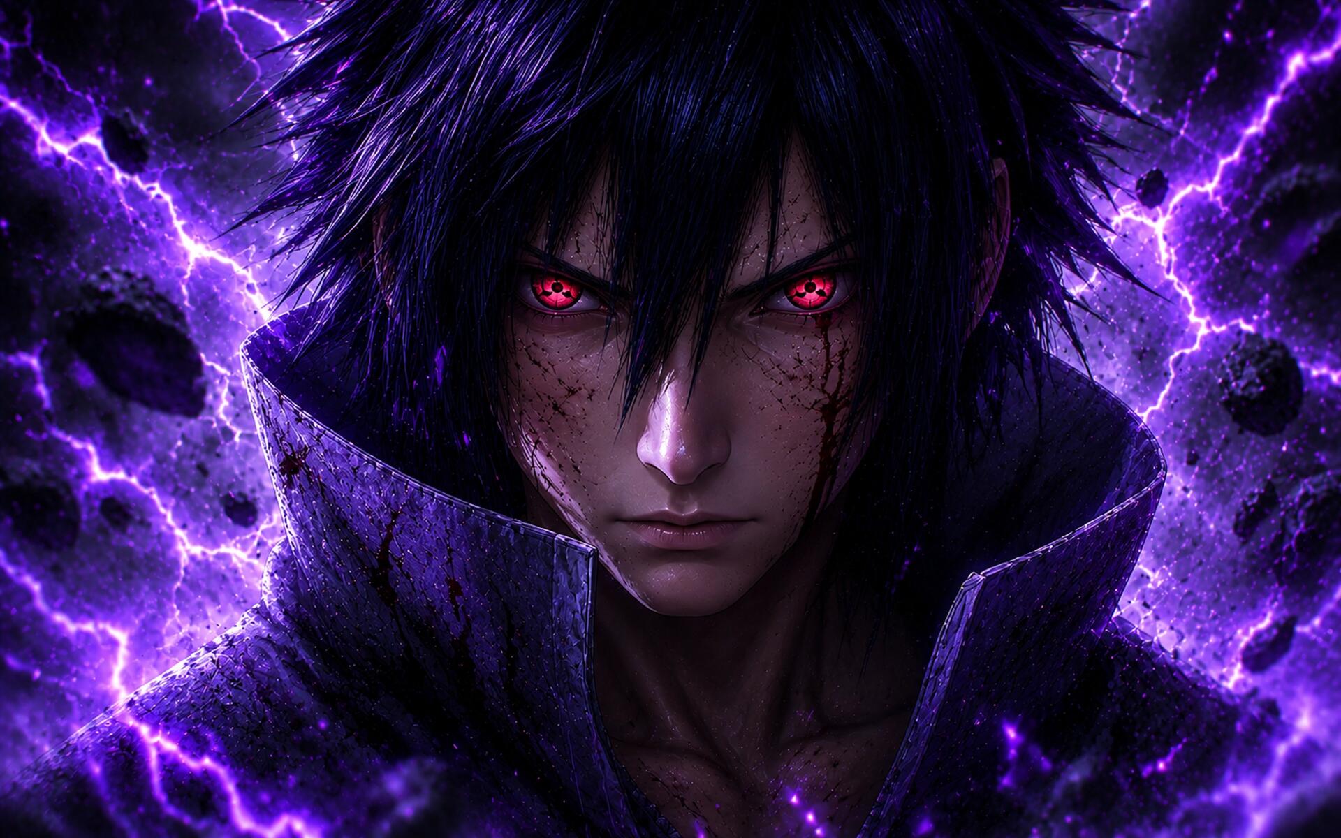 4K Ultra HD PC desktop wallpaper of Sasuke Uchiha (Naruto): close-up, battle-scarred face, glowing red eyes, dark hair, crackling purple lightning aura.