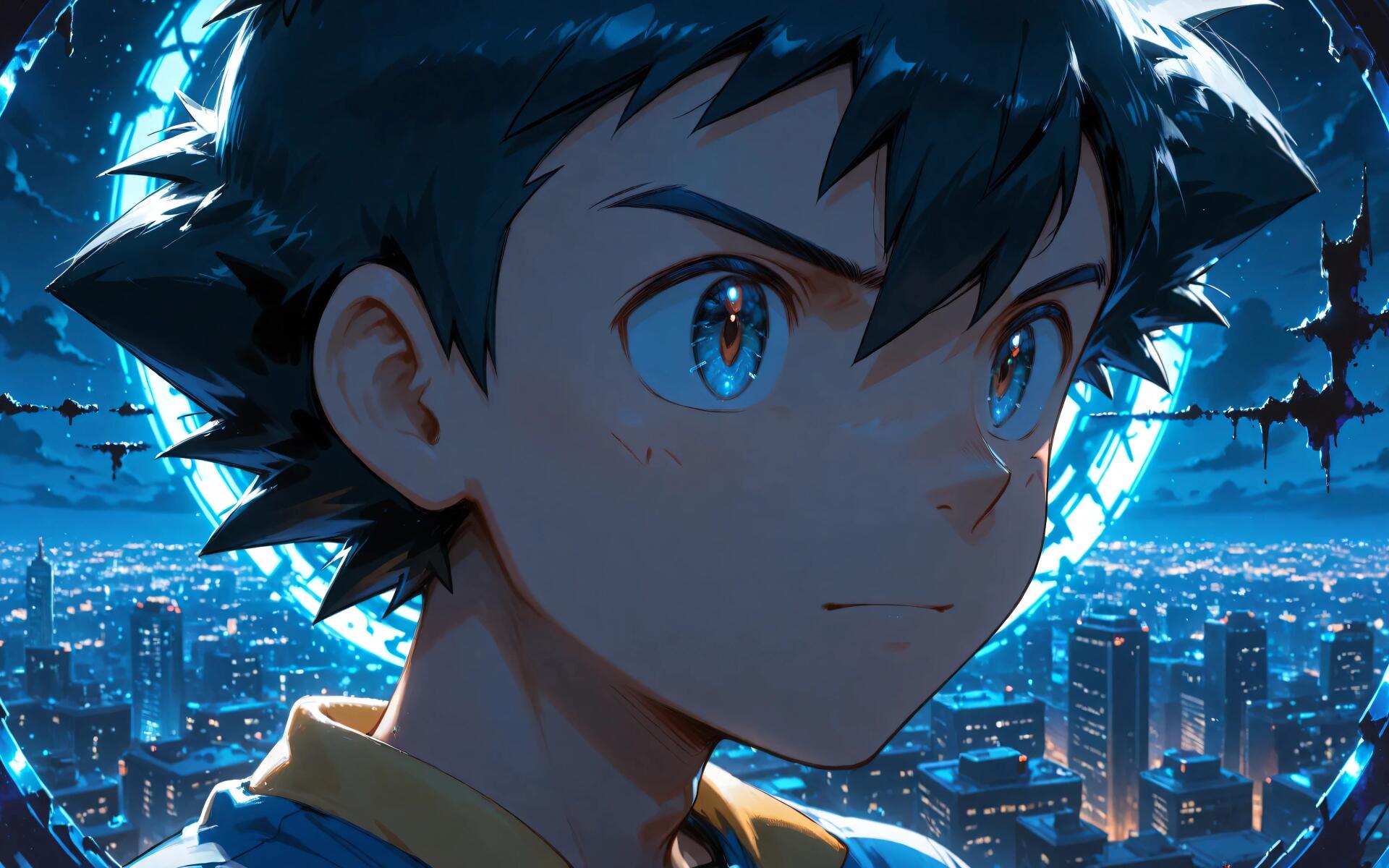 Anime portrait of Ash Ketchum looking over a glowing night city; blue 4K Ultra HD PC desktop wallpaper, high-detail Pokémon fan art.