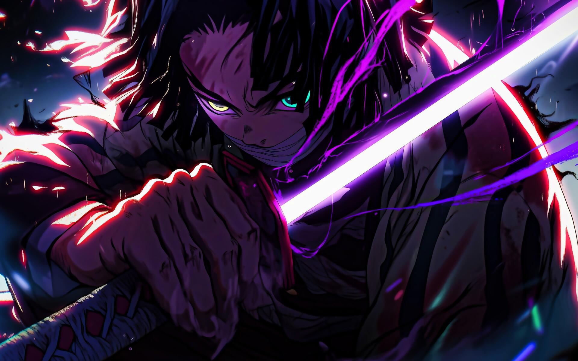 4K Ultra HD anime PC wallpaper of Tanjiro Kamado wielding a glowing Nichirin blade, fierce gaze, neon purple and teal lighting, and dramatic action pose.