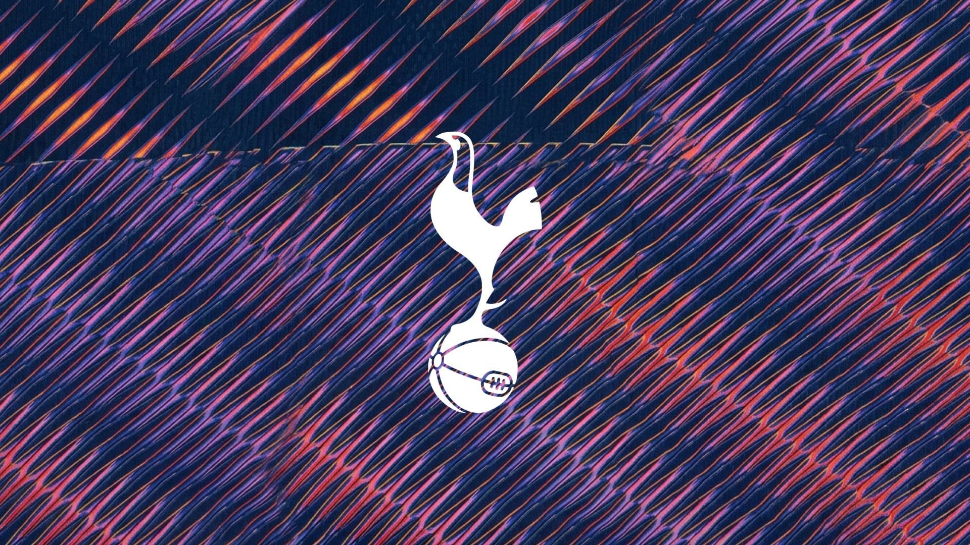 Tottenham Hotspur F.C. white cockerel logo centered on vibrant diagonal purple and pink stripes, 2K Quad HD PC desktop wallpaper.