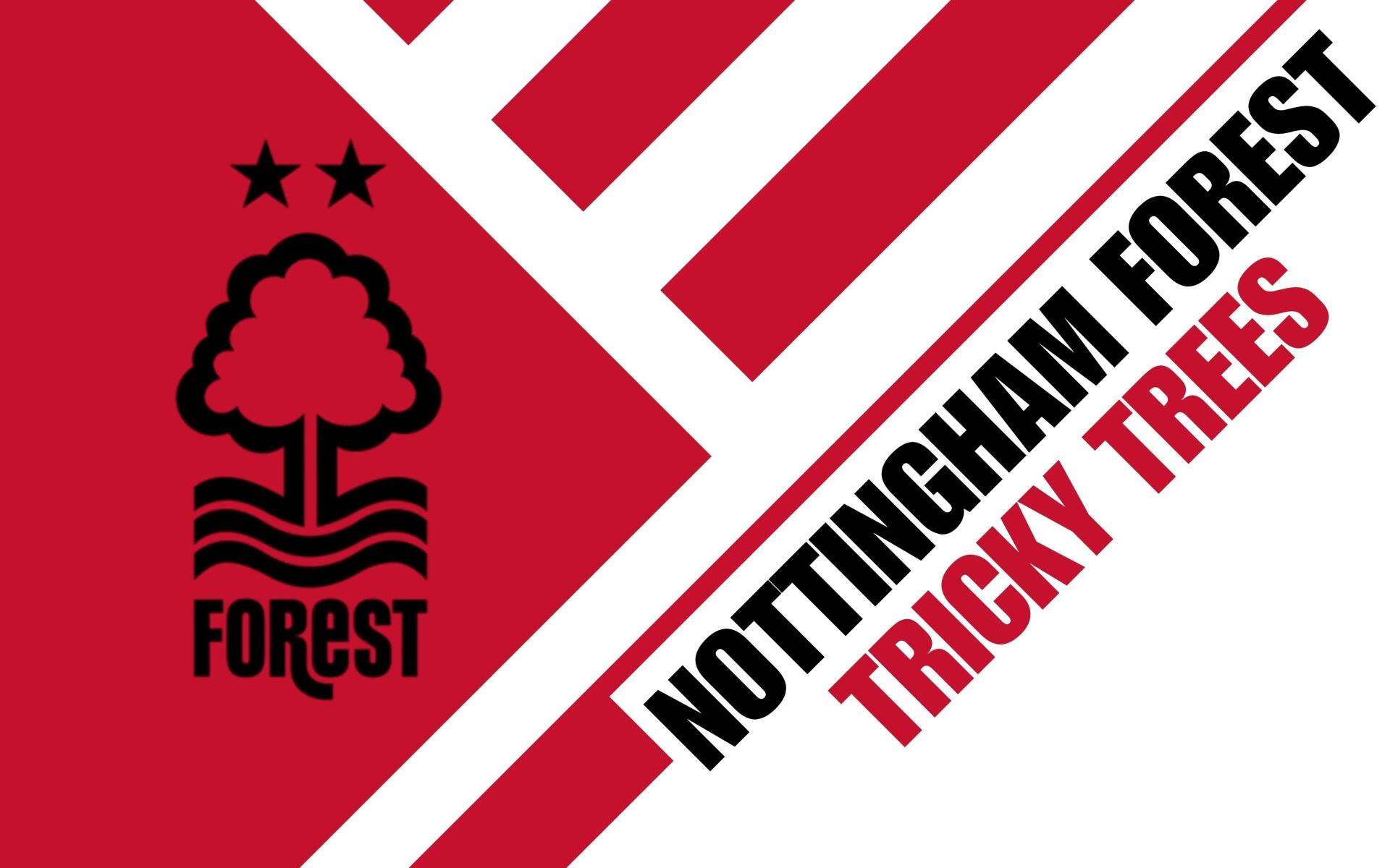 Nottingham Forest F.C. logo with stylized tree and Tricky Trees text across red and white diagonal stripes — 2K Quad HD PC desktop wallpaper/background.