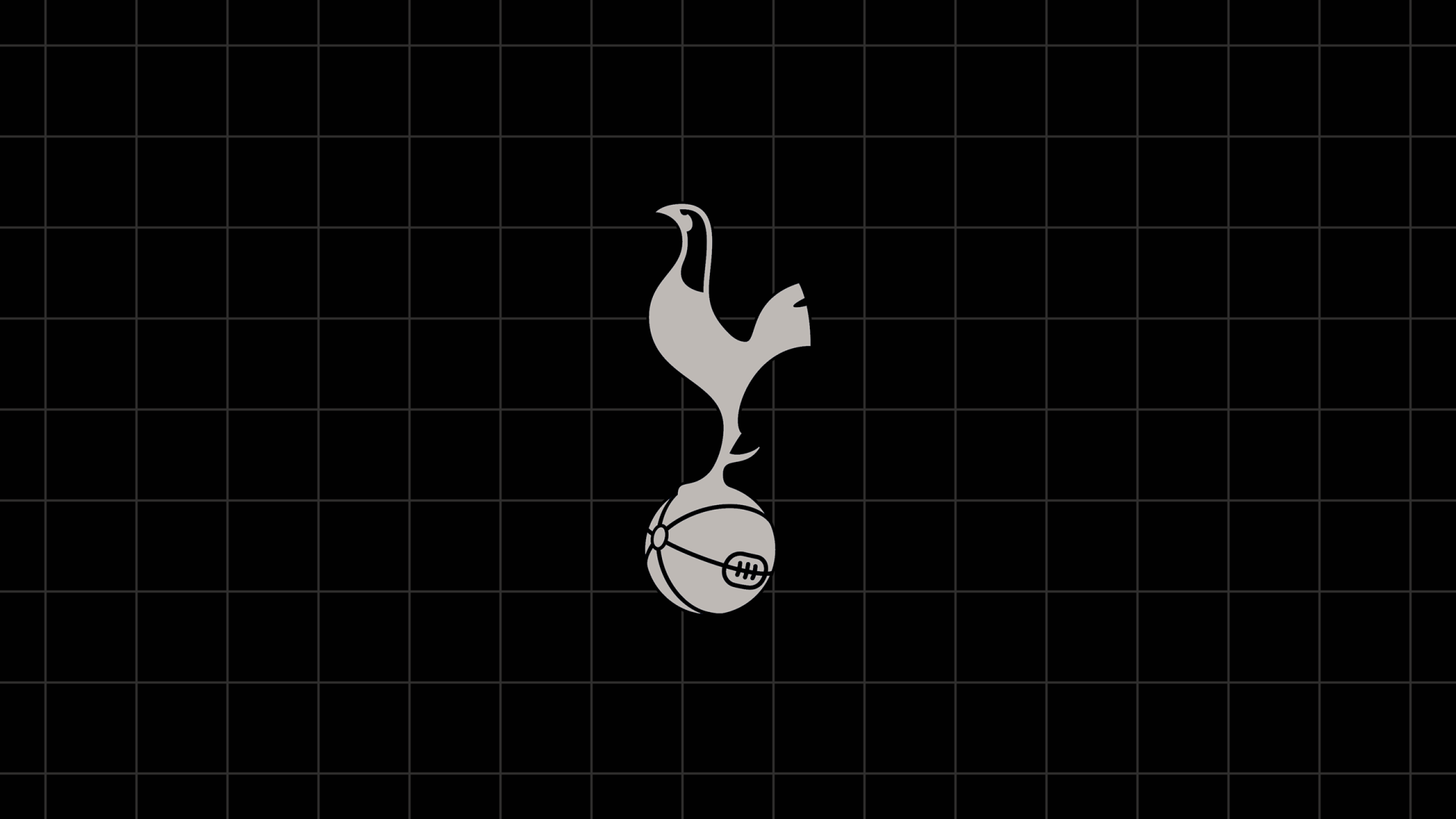 Minimal black 2K Quad HD PC desktop wallpaper featuring the Tottenham Hotspur F.C. white cockerel logo on a football over a subtle grid background.