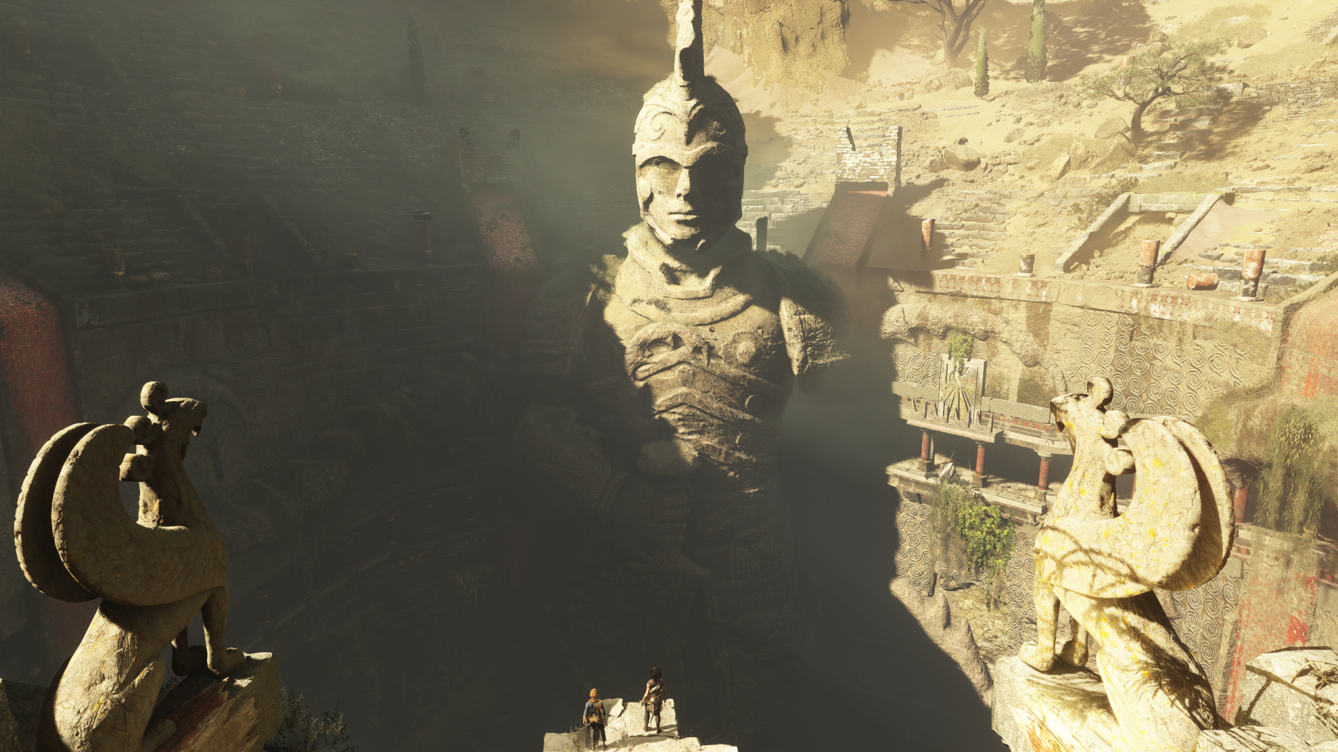Resonance: A Plague Tale Legacy 2K Quad HD PC wallpaper — a towering armored statue emerges from a dark chasm amid cliffside medieval structures and stone guardians.