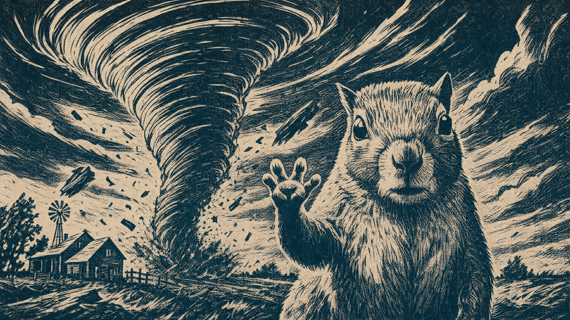 4K Ultra HD PC desktop wallpaper: Tornado Squirrel — a bold squirrel in the foreground raising a paw as a massive tornado rips through a rural farmhouse and windmills.