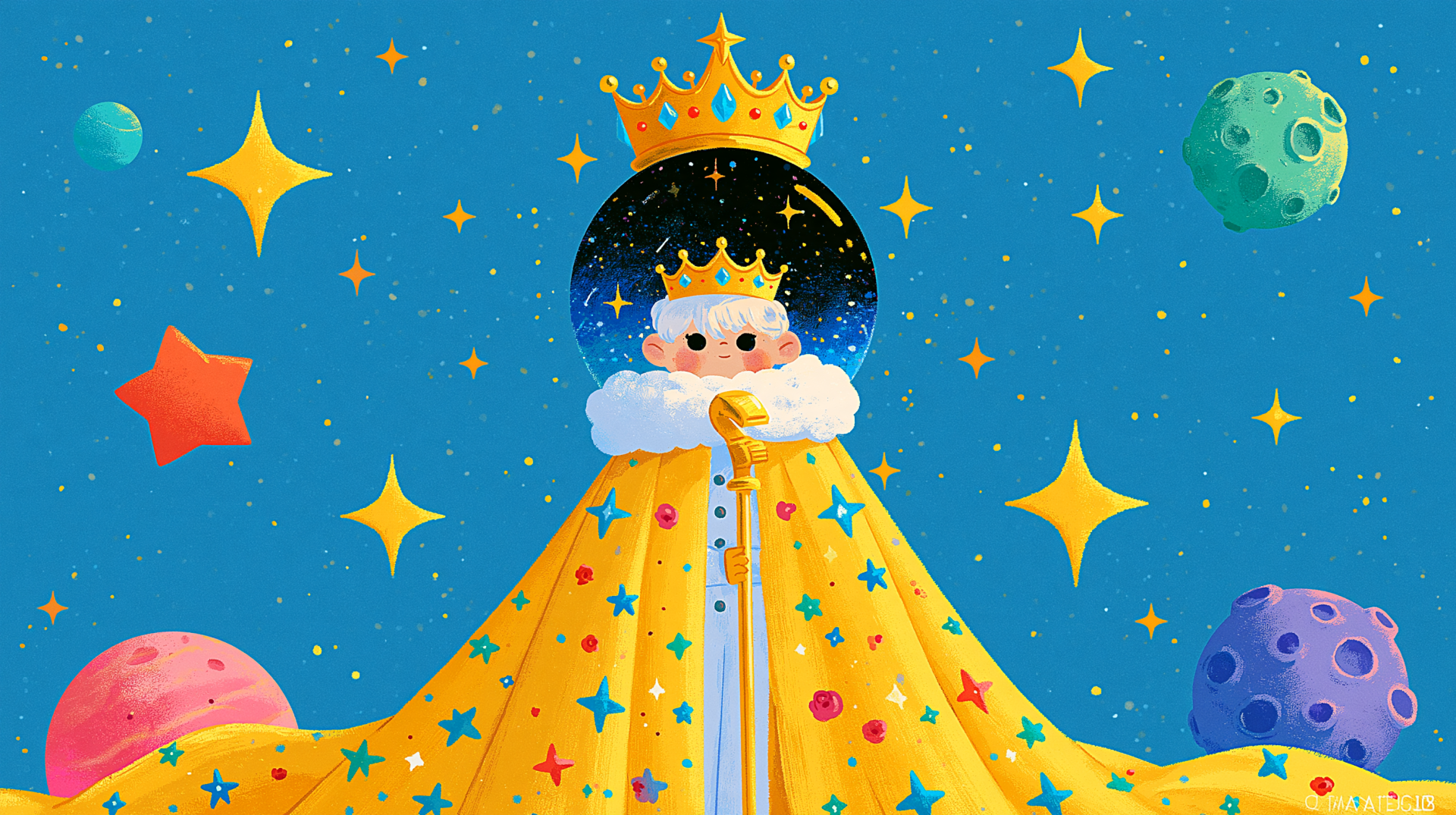 Fantasy prince-king wearing a golden crown and starry royal cloak, set against colorful planets and sparkling stars — 2K Quad HD PC desktop wallpaper background.
