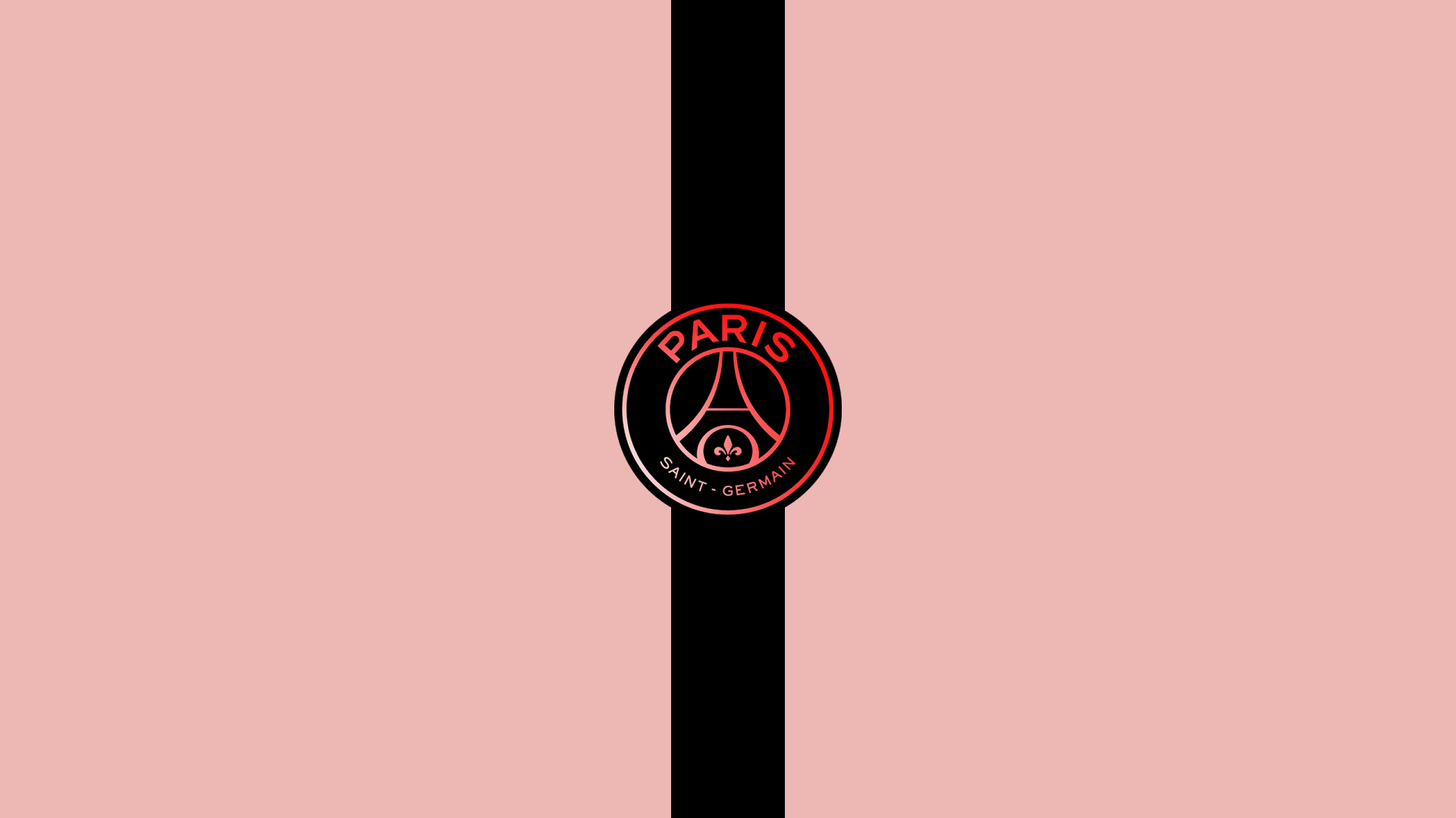 2K Quad HD PC desktop wallpaper: minimal pink background with a central black vertical stripe and a centered Paris Saint-Germain F.C. round black-and-pink logo.
