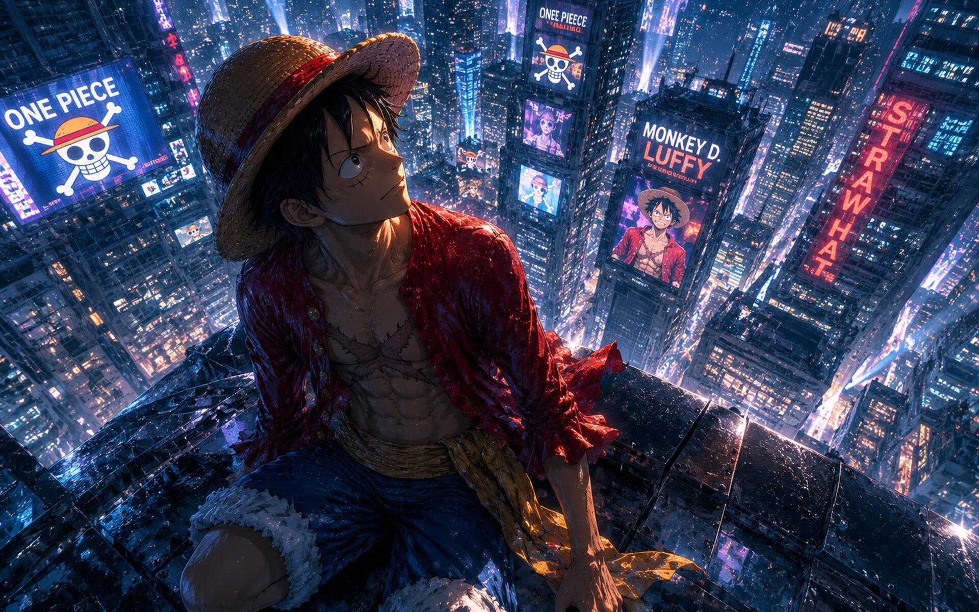 Monkey D. Luffy from One Piece sits on a neon-lit rooftop overlooking a sprawling cyber city at night — 4K Ultra HD PC desktop wallpaper background.