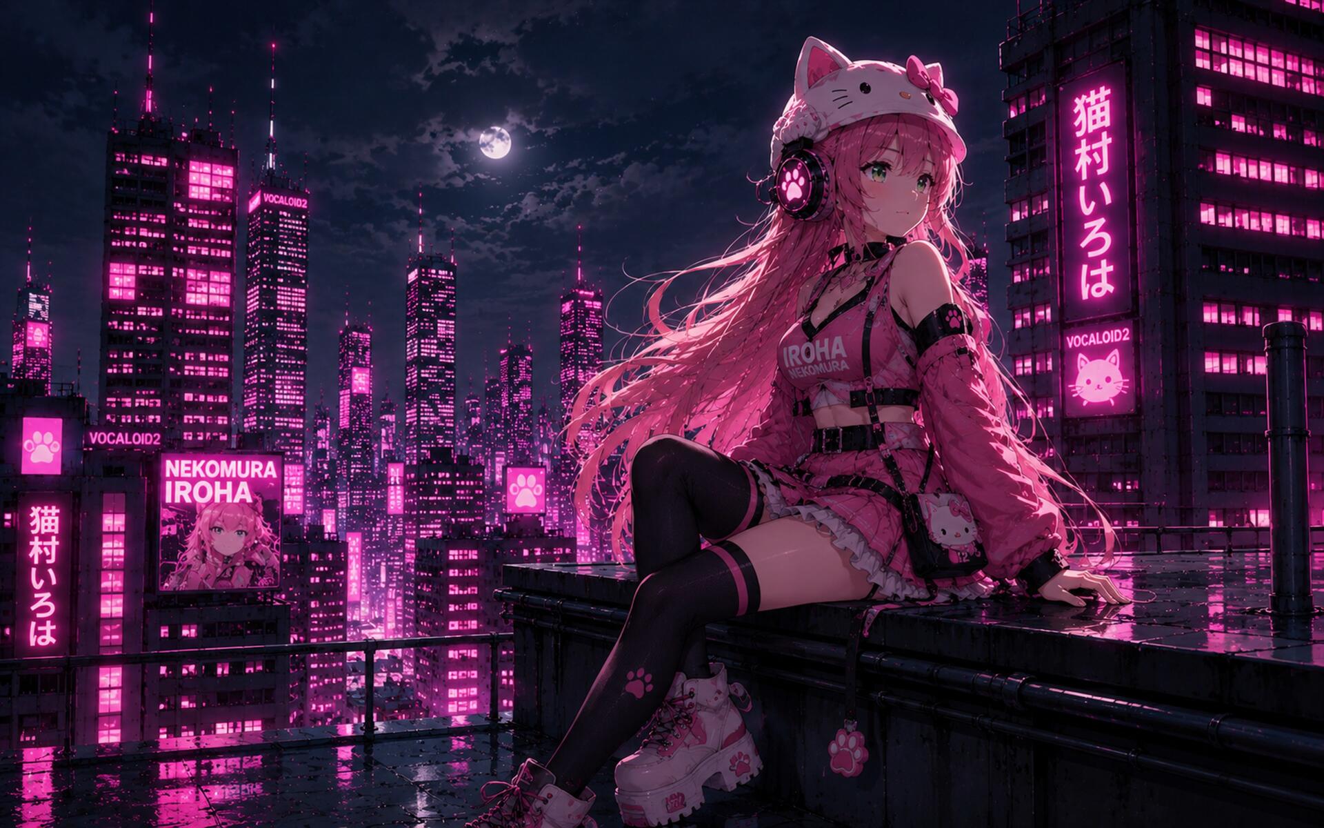 Nekomura Iroha anime on a rooftop in a neon pink cyberpunk city at night, wearing headphones and a cat‑ear hood — 4K Ultra HD PC desktop wallpaper/background.