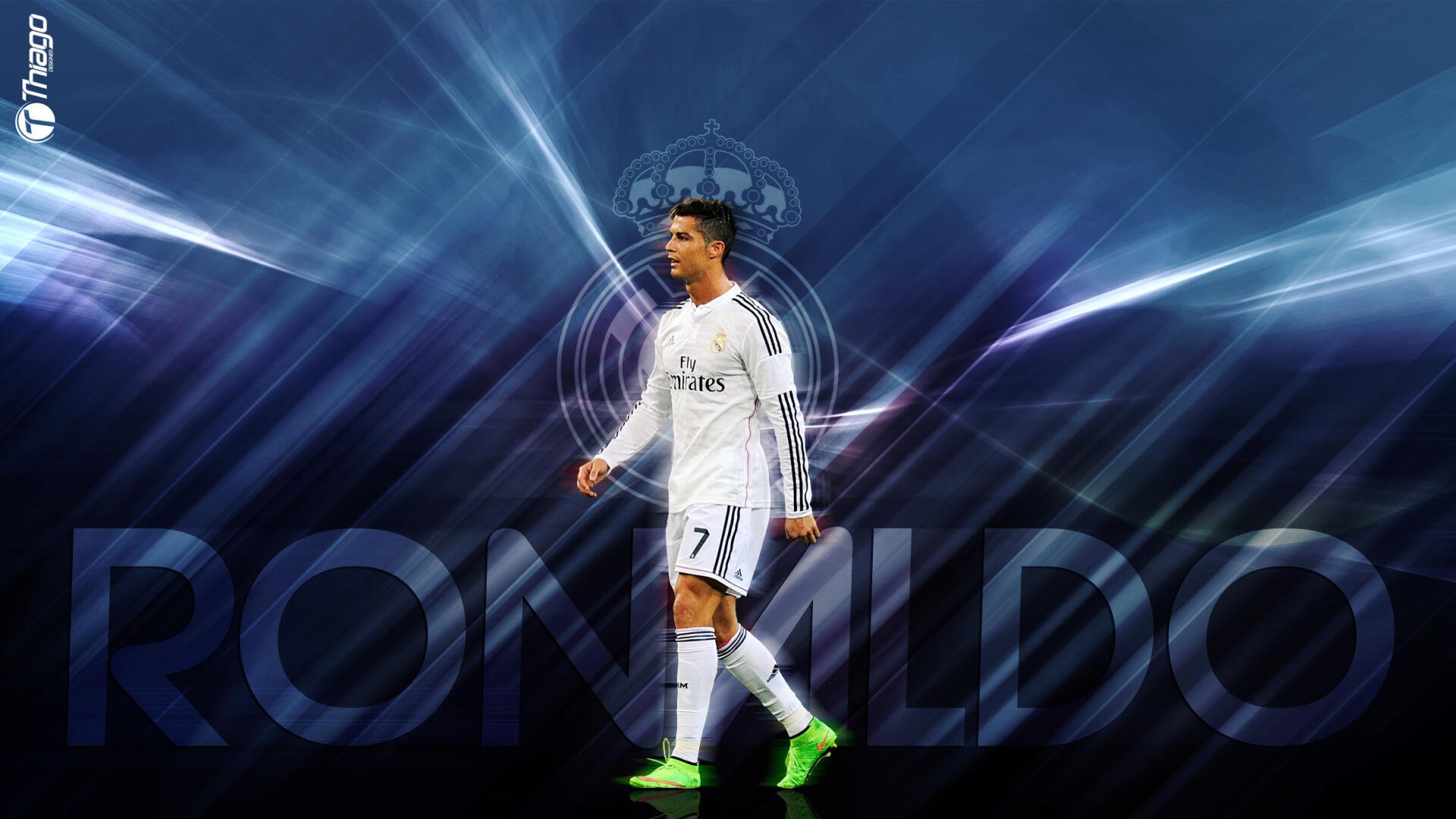 HD desktop wallpaper of a soccer player in a Real Madrid C.F. white #7 kit walking across a dark, blue-lit abstract stadium background.