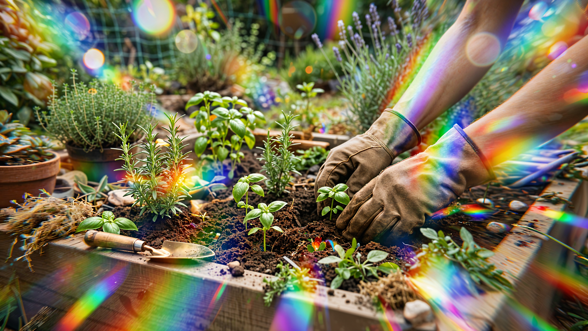 Gloved hands planting a seedling among herbs with rainbow prism bokeh — gardening, seedling, hand; 4K Ultra HD PC desktop wallpaper and background.