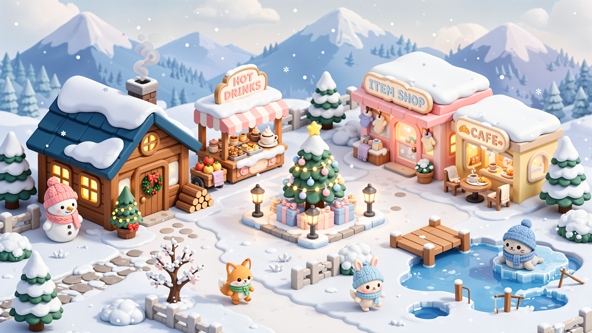 Kawaii winter Christmas village 4K Ultra HD PC desktop wallpaper — snowy cottages, festive stalls, a decorated central tree, frozen pond and adorable characters.