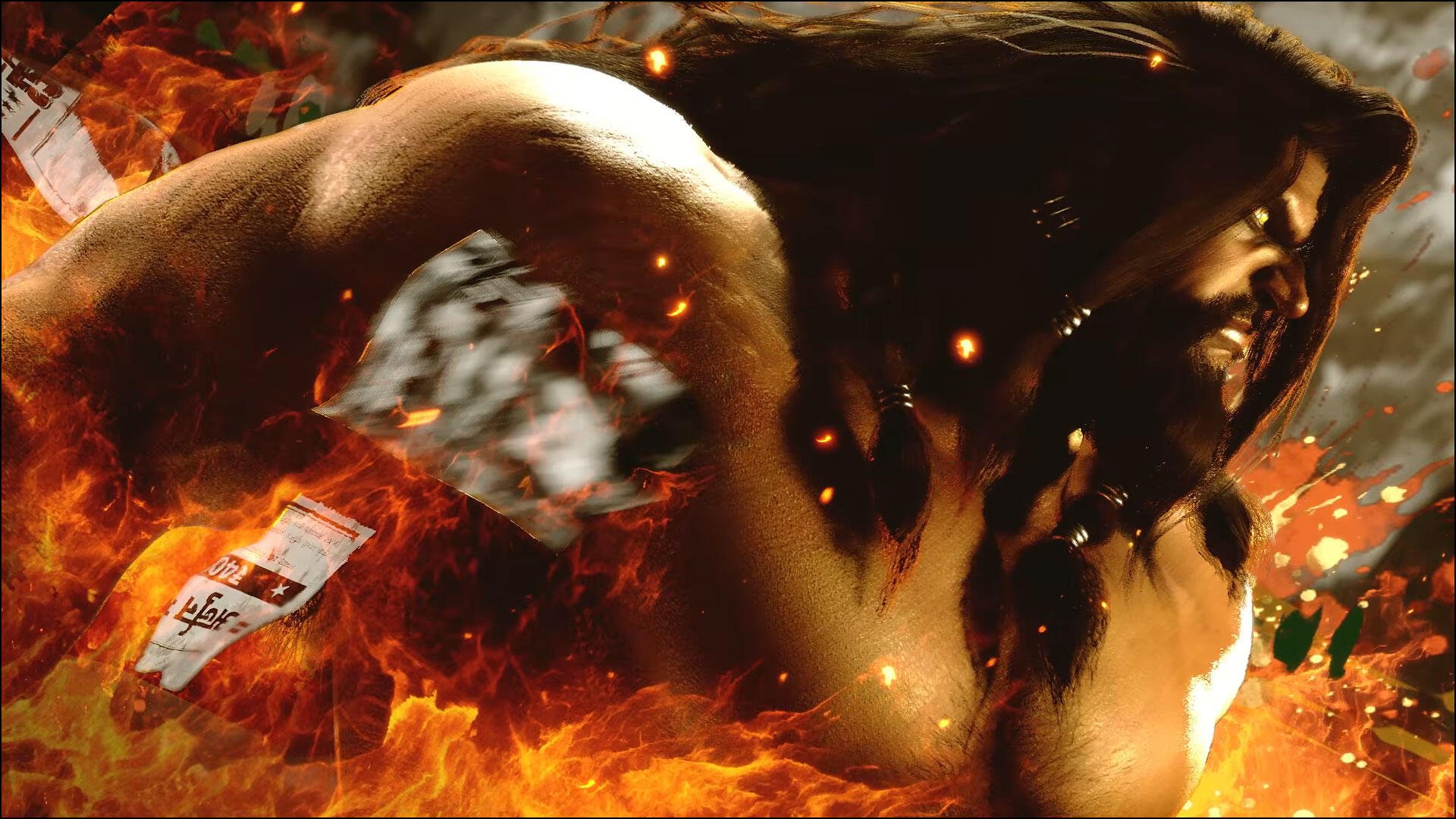 HD PC desktop wallpaper/background: Street Fighter 6's Arjun with a woman surrounded by roaring flames, a dramatic fiery scene