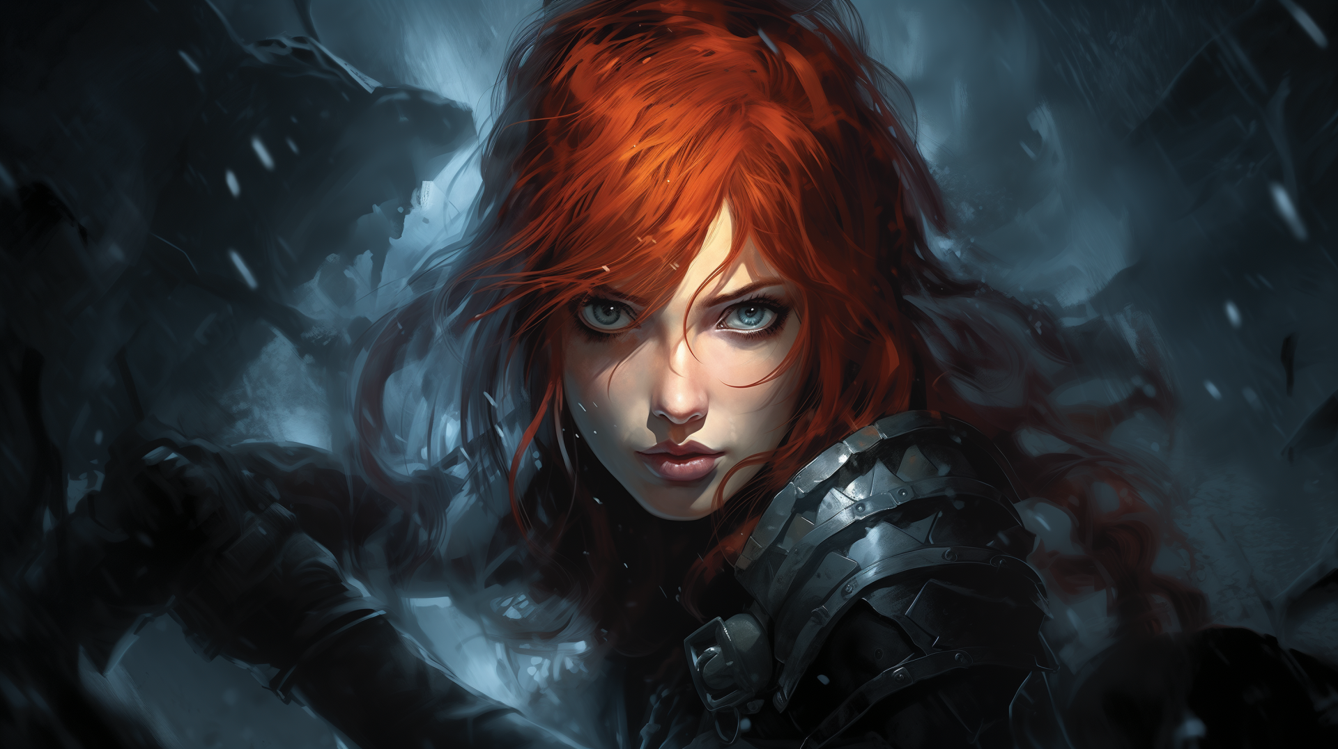 Comic digital art of Red Sonja: fierce red-haired warrior in dark armor, stormy backdrop — 2K Quad HD PC desktop wallpaper and background.