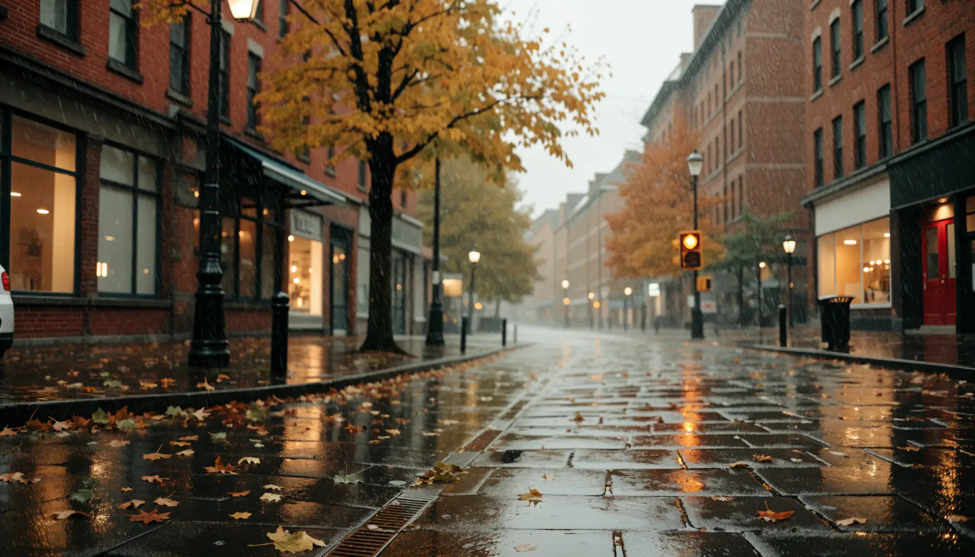 Aesthetic fall street 4K Ultra HD PC desktop wallpaper: rain-slick brick pavement, amber trees along a wet city sidewalk, glowing shop windows.