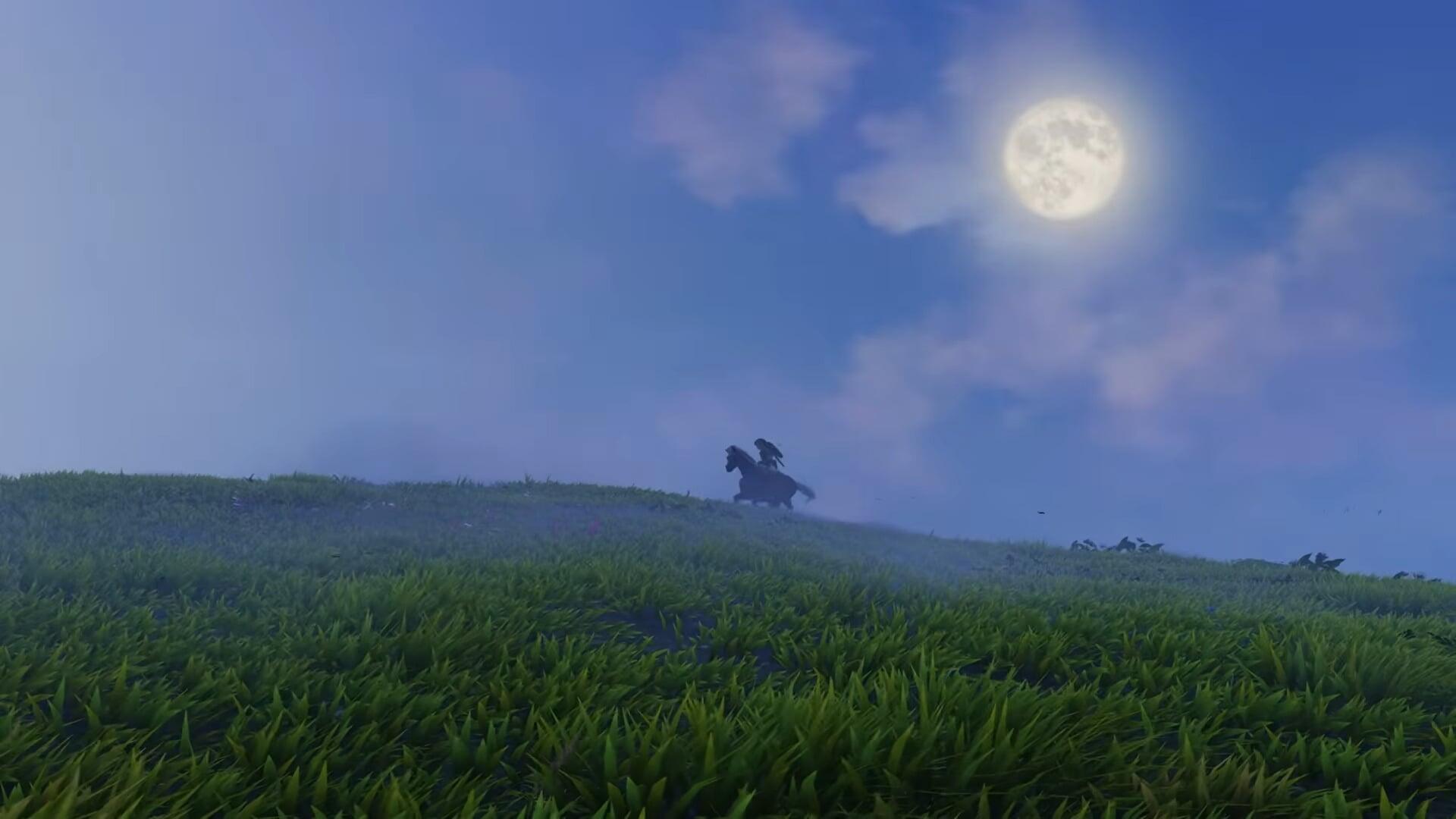 HD PC desktop wallpaper: The Legend of Zelda: Ocarina of Time — silhouetted rider on horseback crossing a grassy ridge beneath a full moon.