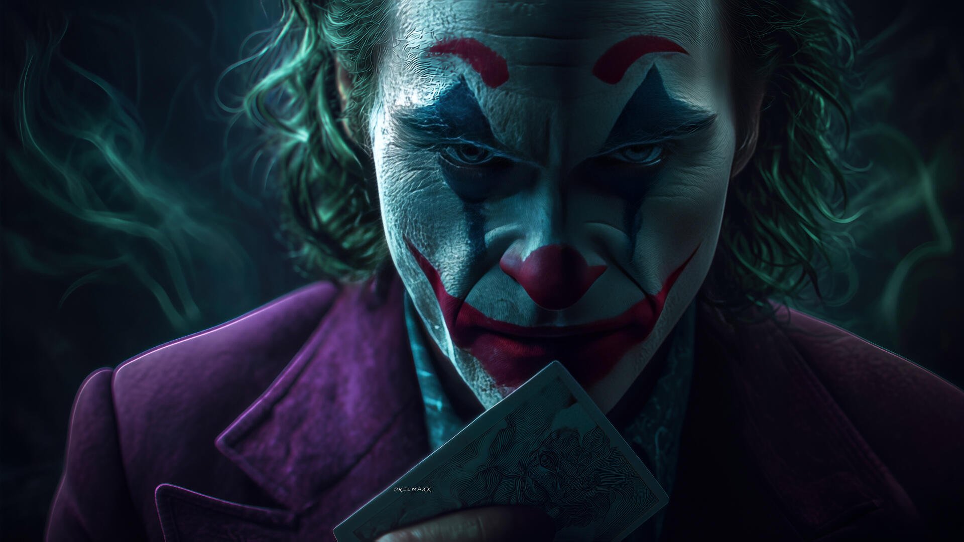 Joker close-up in smeared clown makeup and purple suit, green hair and playing cards — moody 4K Ultra HD PC desktop wallpaper.