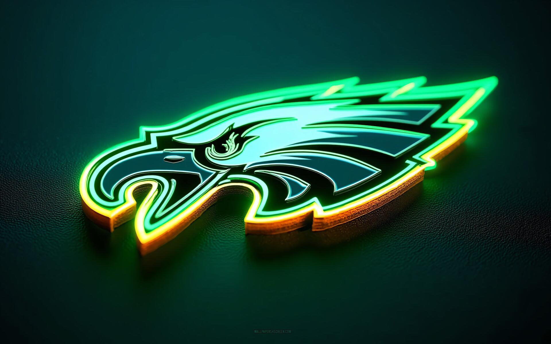 Glowing neon Philadelphia Eagles NFL logo on a dark textured field, rendered as a 4K Ultra HD PC desktop wallpaper and background.
