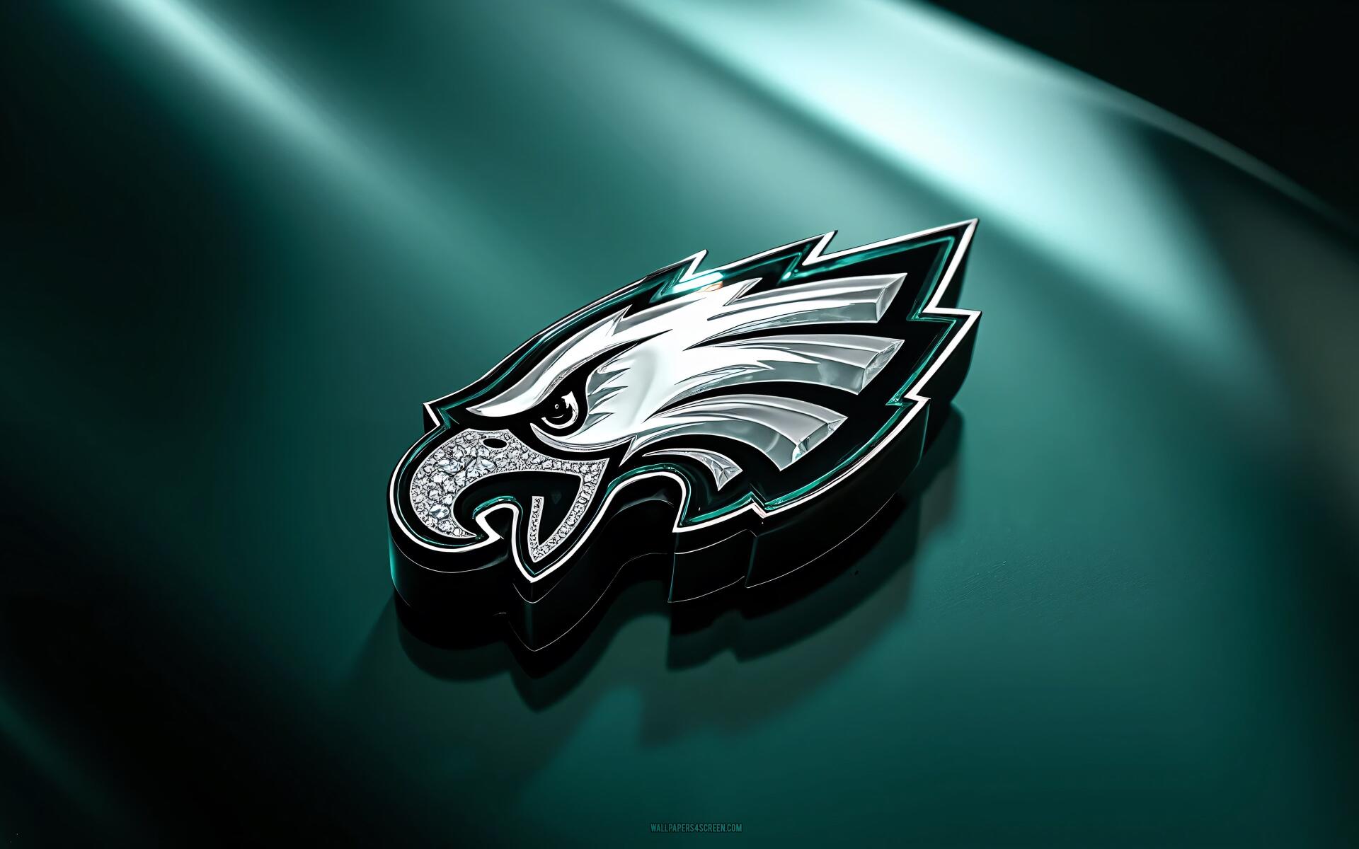Philadelphia Eagles NFL logo embossed on a glossy dark green surface, 4K Ultra HD PC desktop wallpaper and background.