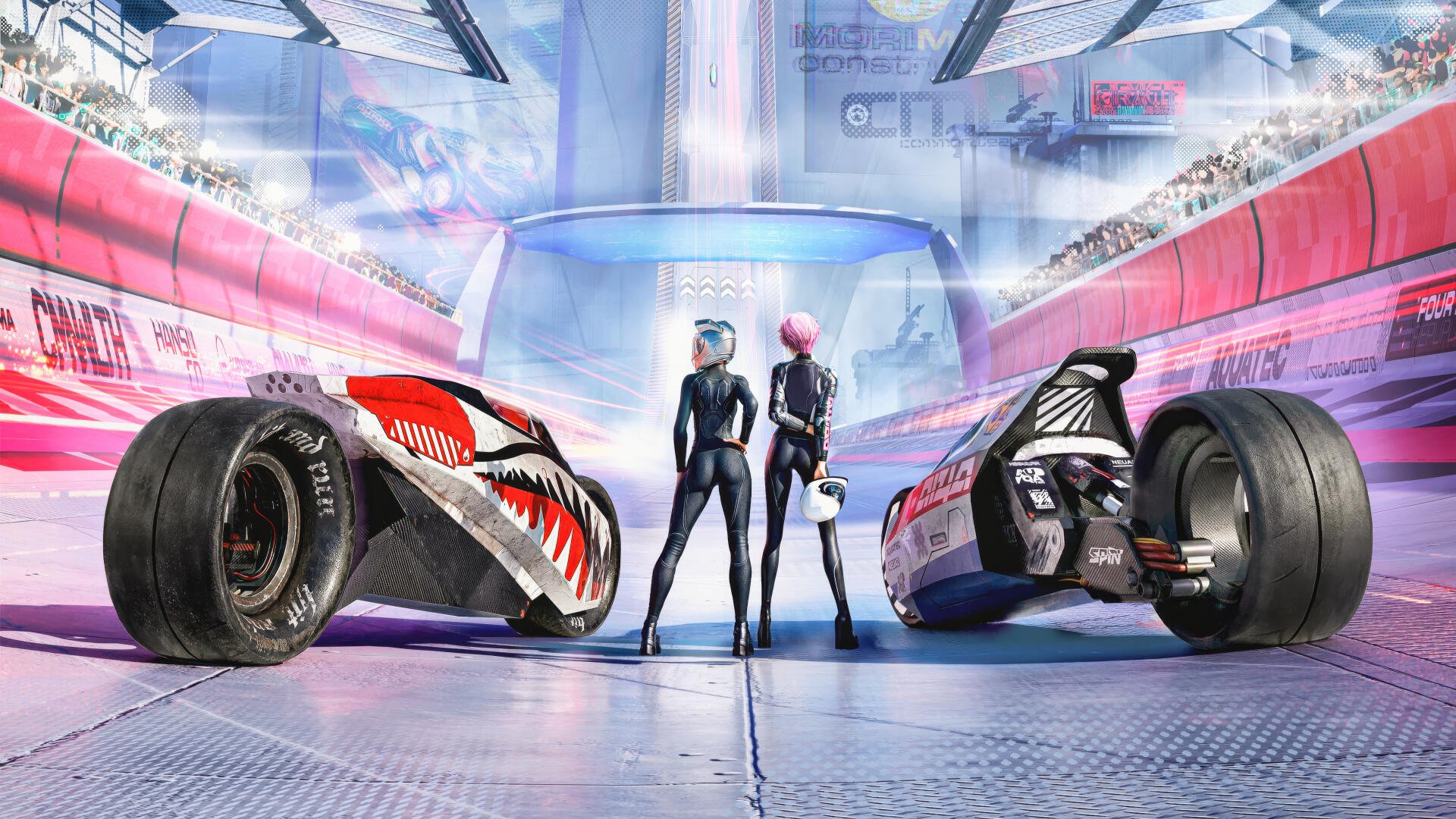 Cyberpunk race Digital Art 4K Ultra HD PC desktop wallpaper: two racers in sleek suits stand between two futuristic racing bikes inside a neon-lit terminal.