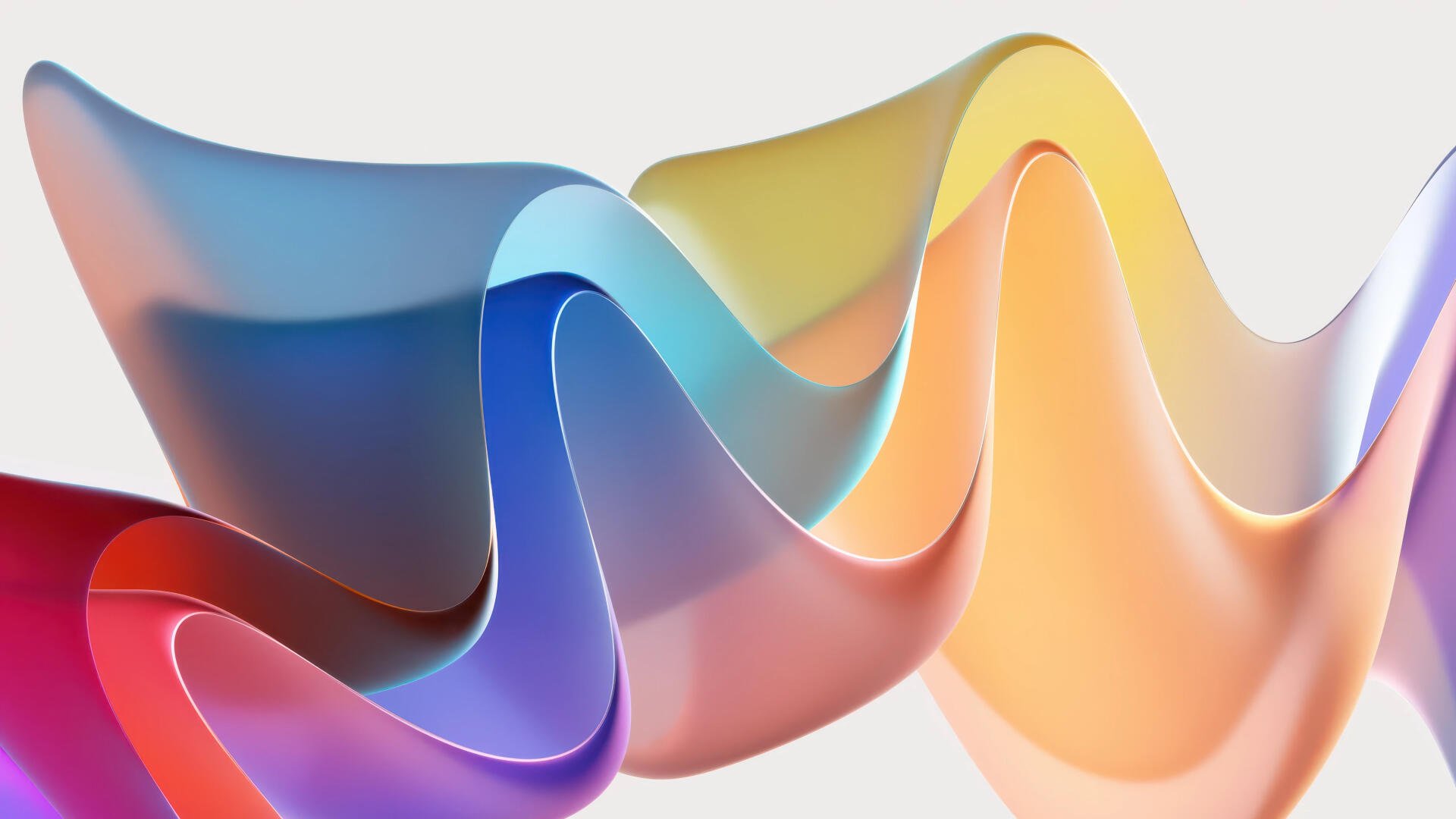 Abstract digital art 4K Ultra HD PC desktop wallpaper of flowing multicolored ribbon waves in pastel blues, purples, oranges and yellows over a white background.