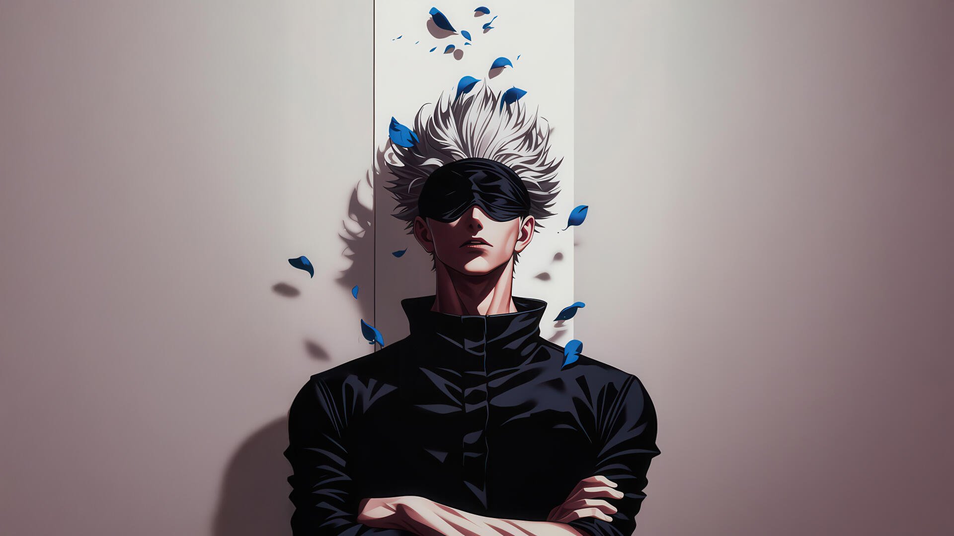 Kakashi Hatake (Naruto) 5K Ultra HD desktop wallpaper: masked, white-haired ninja with arms crossed, blue petals drifting around him against a minimalist pale background.