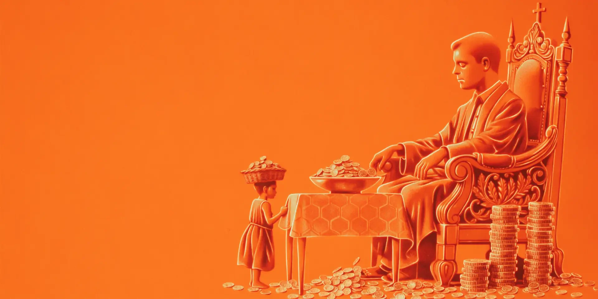 2K Quad HD PC desktop wallpaper: stark inequality — a richly robed king on an ornate throne amid piles of coins while a small child offers a meager bowl, all in vivid orange.