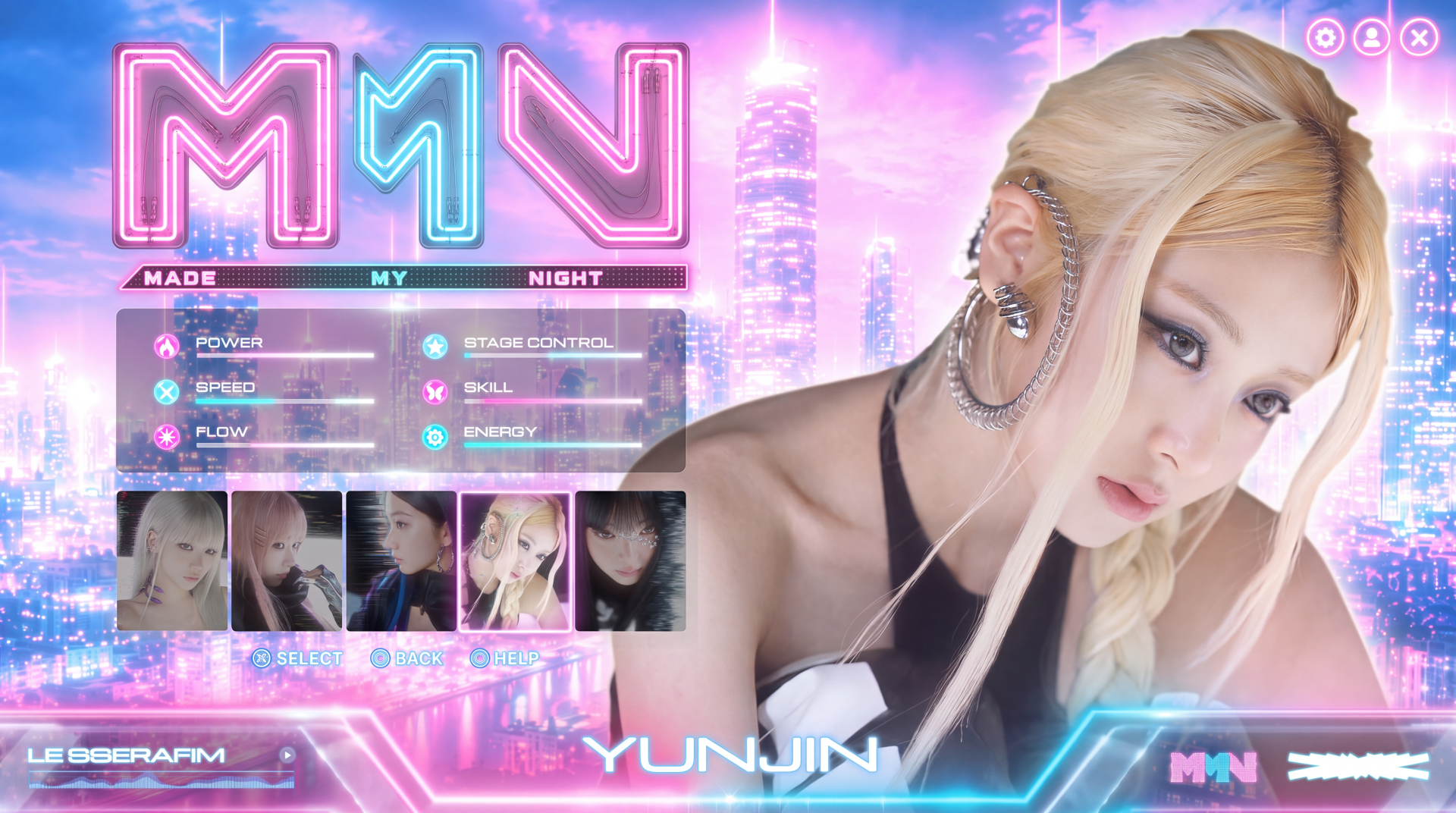 5K Ultra HD PC wallpaper: blonde K-pop idol close-up against neon pink-blue cyberpunk city, Overwatch 2–style HUD and photo-strip overlays, glossy futuristic pop aesthetic.