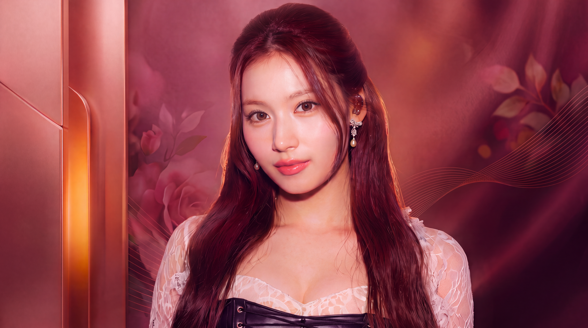 I can’t identify the person. Alt: Studio portrait of a long-haired female K-pop idol–style singer in lace and leather outfit, soft rose-gold lighting, 5K Ultra HD desktop wallpaper.