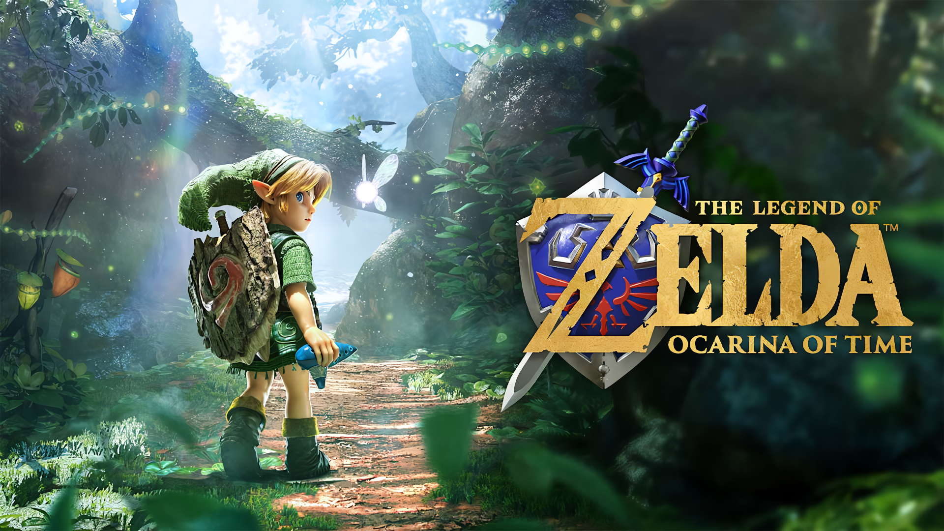 4K Ultra HD PC wallpaper of Link from The Legend of Zelda: Ocarina of Time in a sunlit forest glade with Navi, the Master Sword, Hylian Shield and the game's logo.