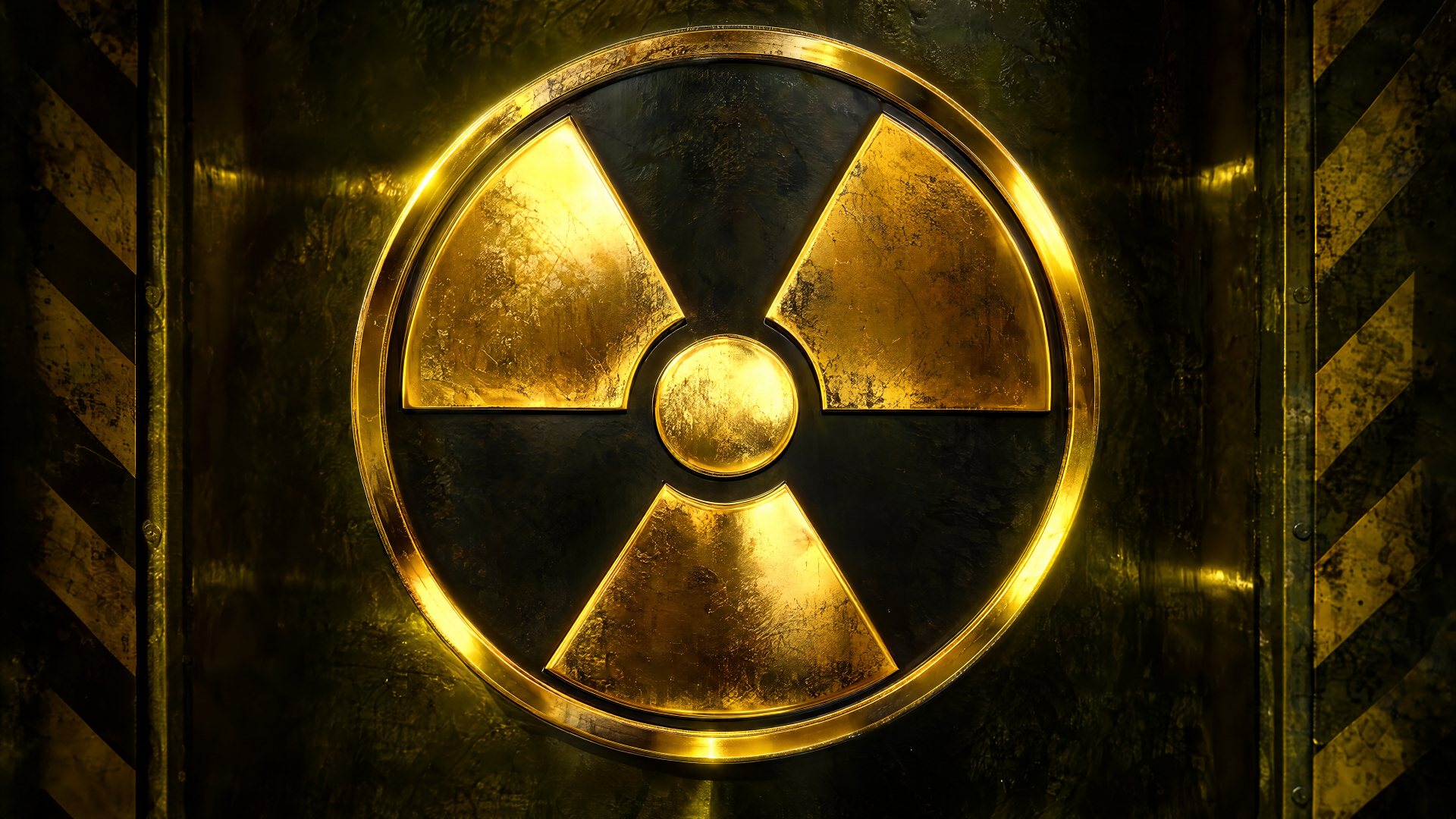 4K Ultra HD PC desktop wallpaper showing a glowing metallic radioactive hazard symbol in gold on a dark, weathered industrial background.
