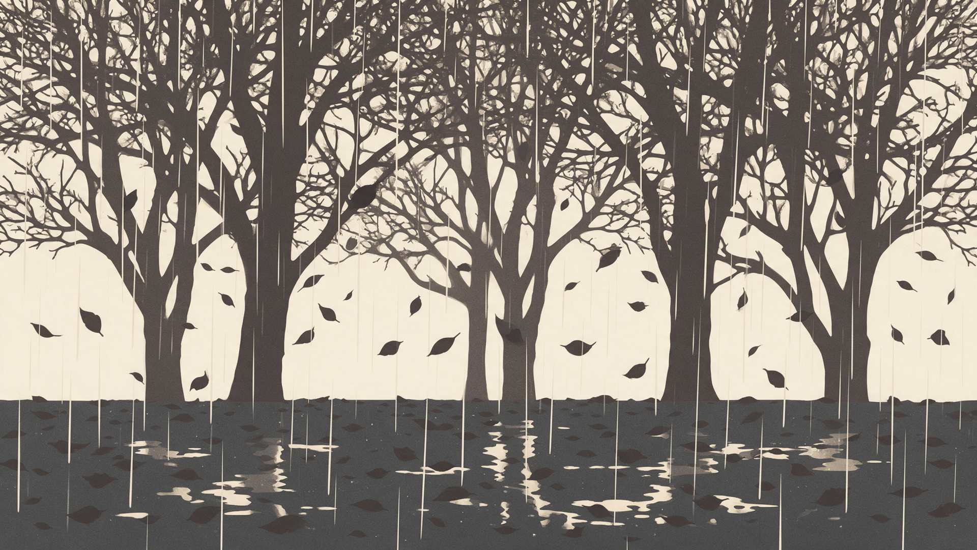 2K Quad HD PC wallpaper: rainy fall forest of bare trees, leaves swirling and puddles reflecting trunks, a lone bird perched among branches.
