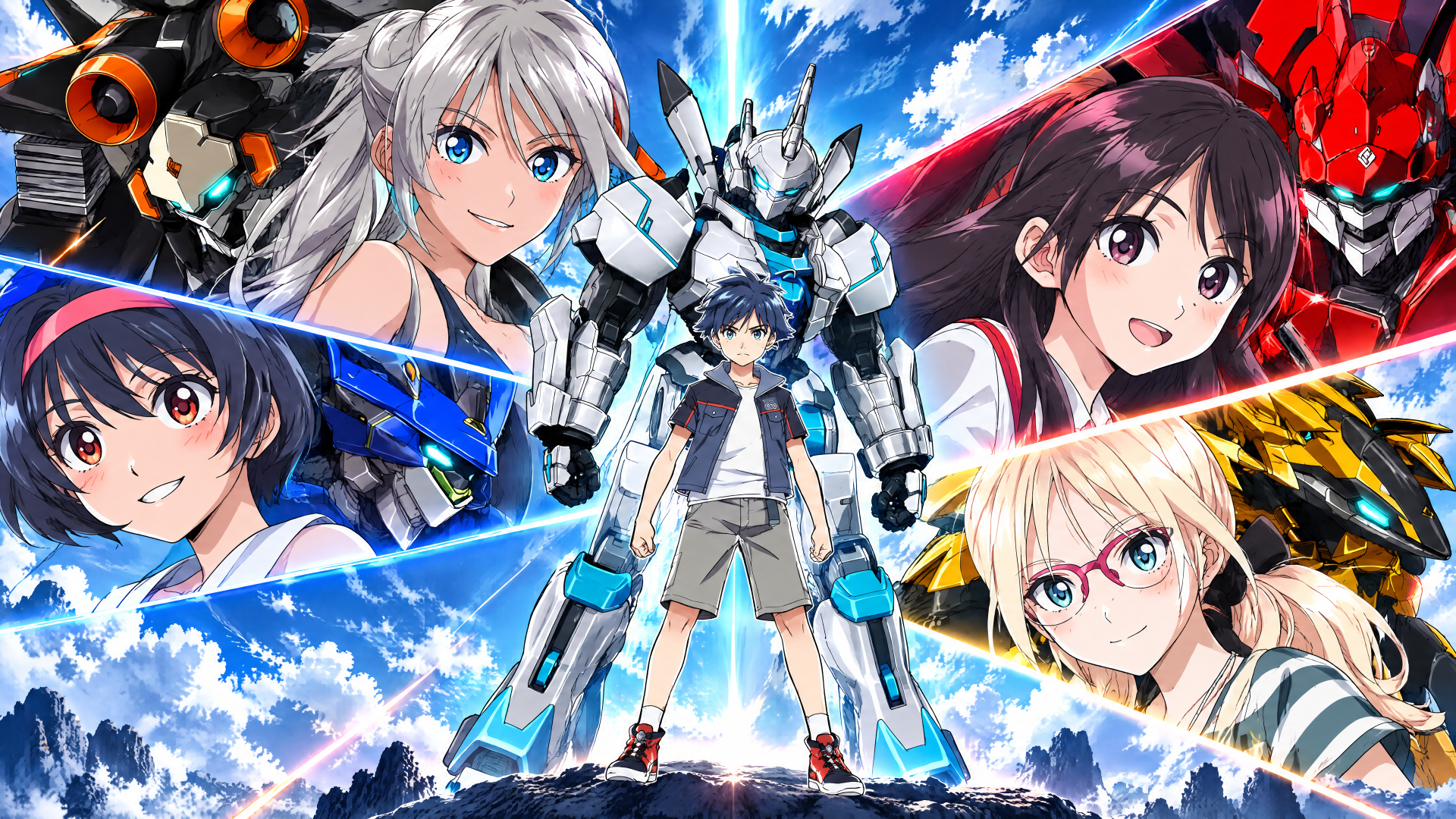 Vertex Force anime mecha 4K Ultra HD PC desktop wallpaper/background: central teen pilot beside a white-blue mecha, framed by four colorful allies and a dramatic sky.