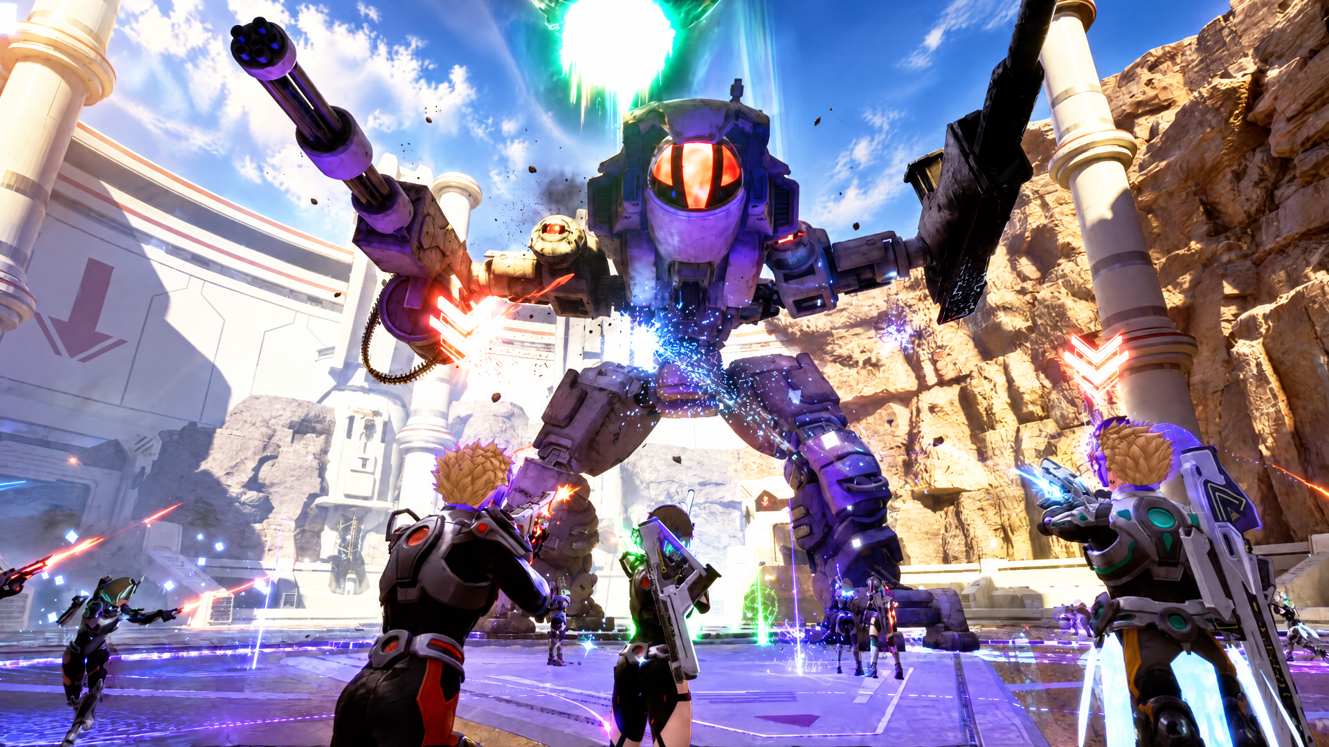 B.L.U.E. NOVA sci-fi scene: towering blue mech unleashes energy over a canyon city while soldiers return fire — 4K Ultra HD PC desktop wallpaper background.