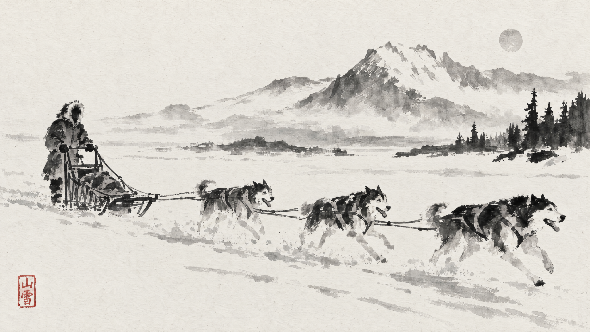 4K Ultra HD PC desktop wallpaper: monochrome dog sled team pulling a musher across a snowy plain toward a distant mountain and pine forest.