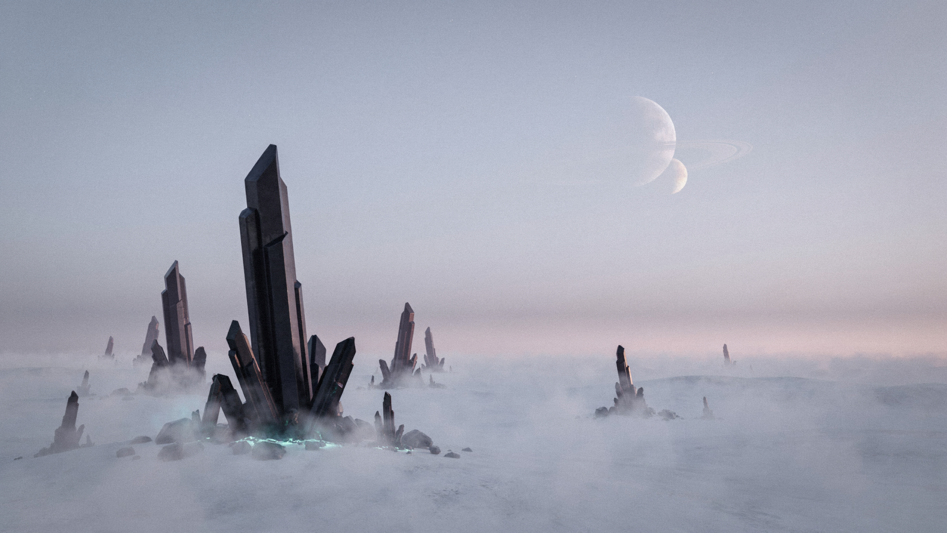 Sci-fi planet landscape: jagged rock spires piercing thick fog beneath twin crescent moons — 2K Quad HD PC desktop wallpaper.