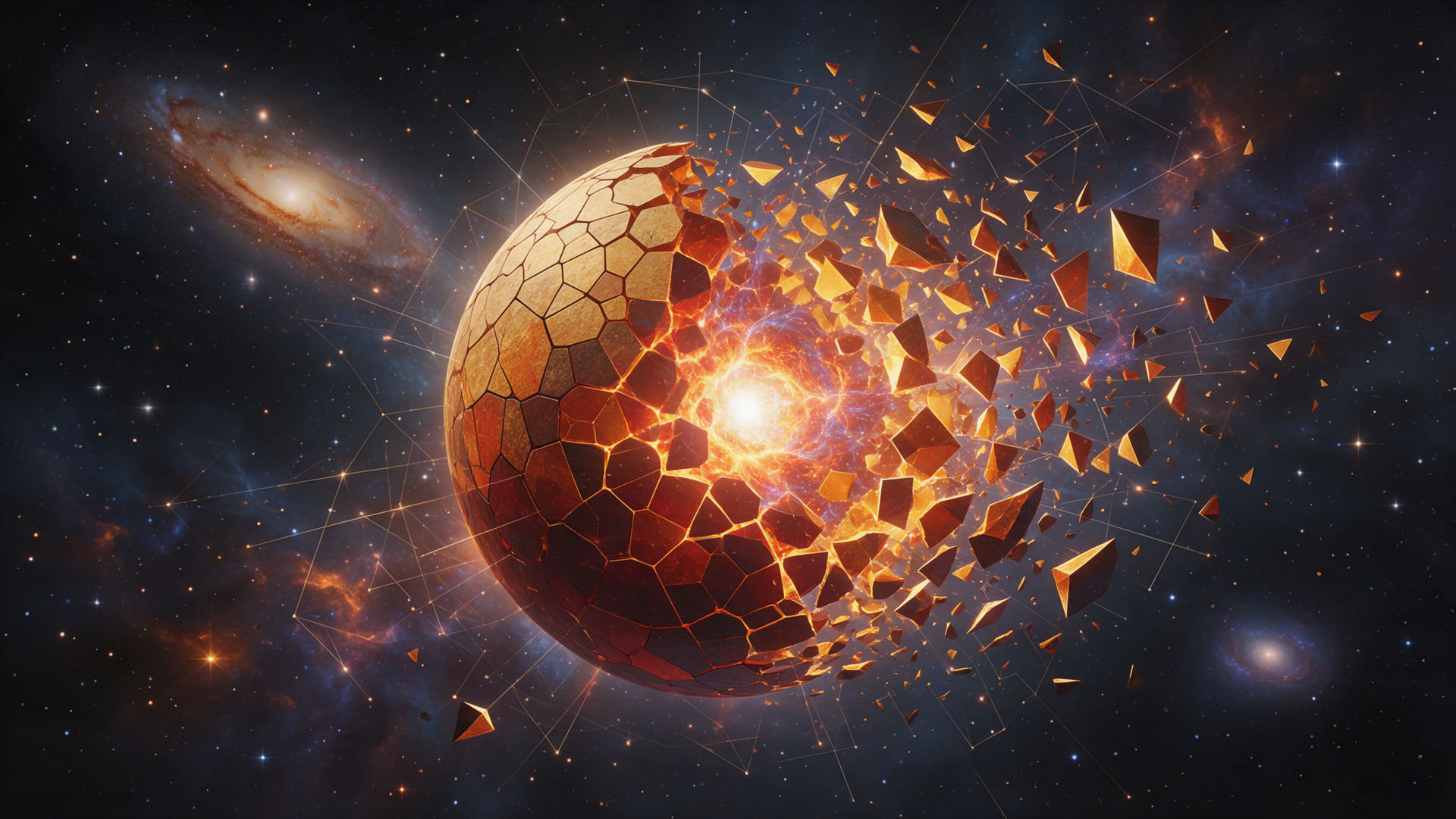 2K Quad HD PC desktop wallpaper: planet destruction in space — a fiery planet exploding, hexagonal crust shattering into glowing shards and debris.