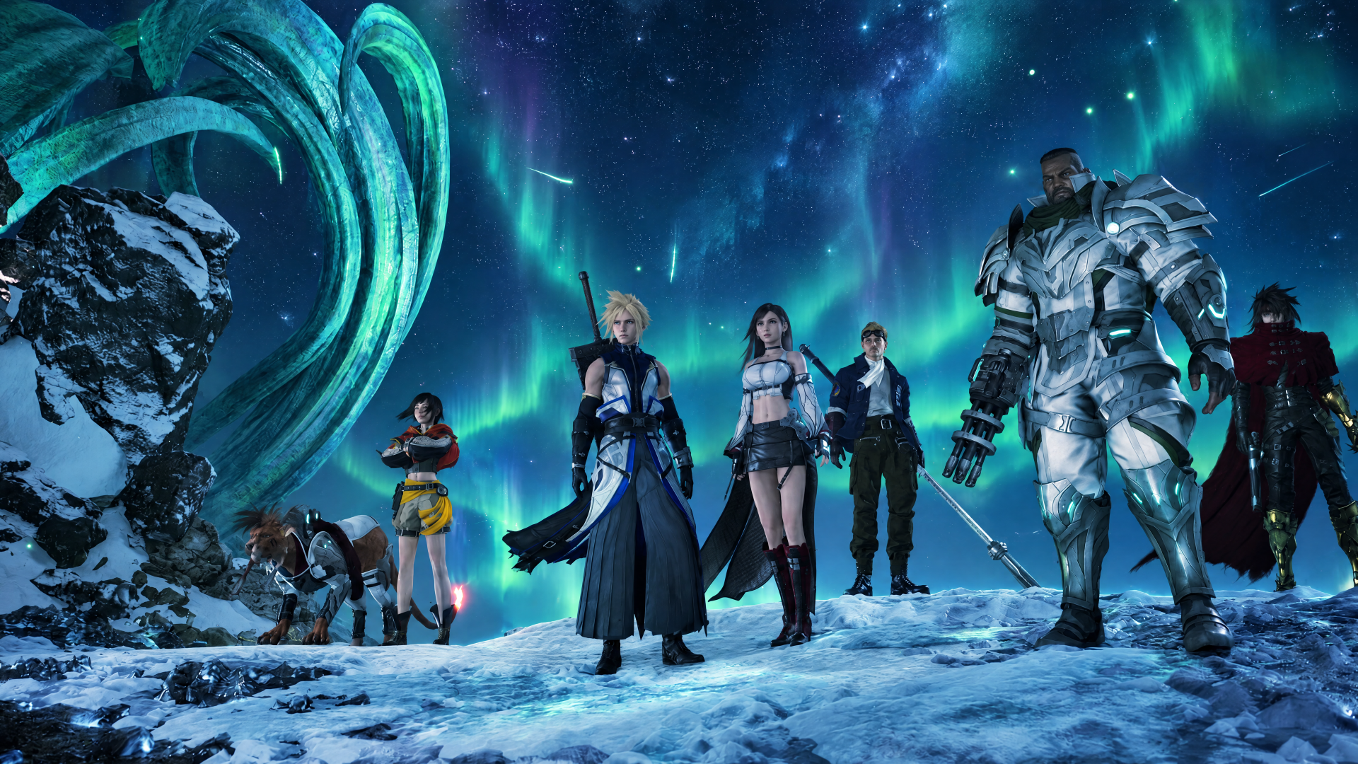 Final Fantasy VII Revelation 4K Ultra HD PC desktop wallpaper: a team of warriors from the video game Final Fantasy stand on snowy terrain beneath auroras, weapons drawn.