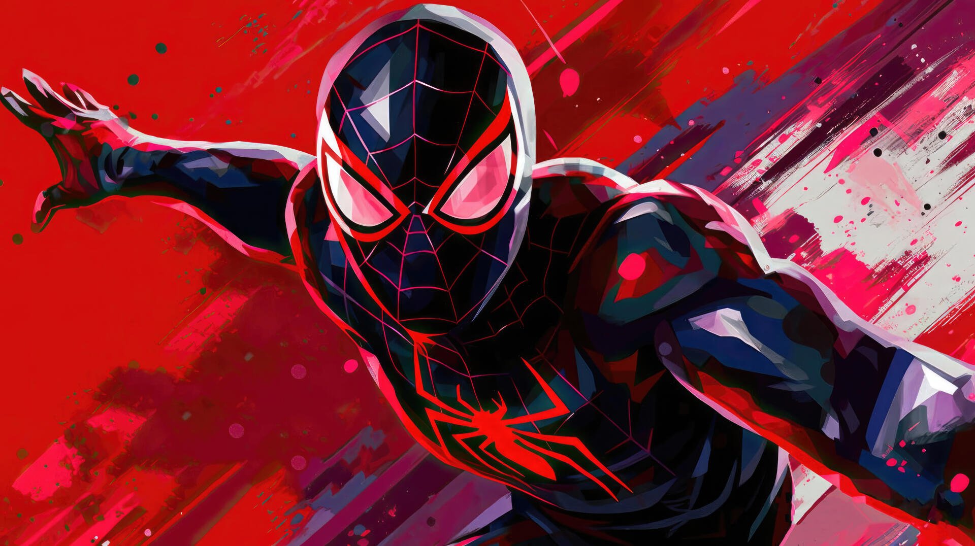 Miles Morales in a red-and-black Spider suit leaping toward the viewer amid dynamic red and black splashes — 2K Quad HD PC desktop wallpaper.