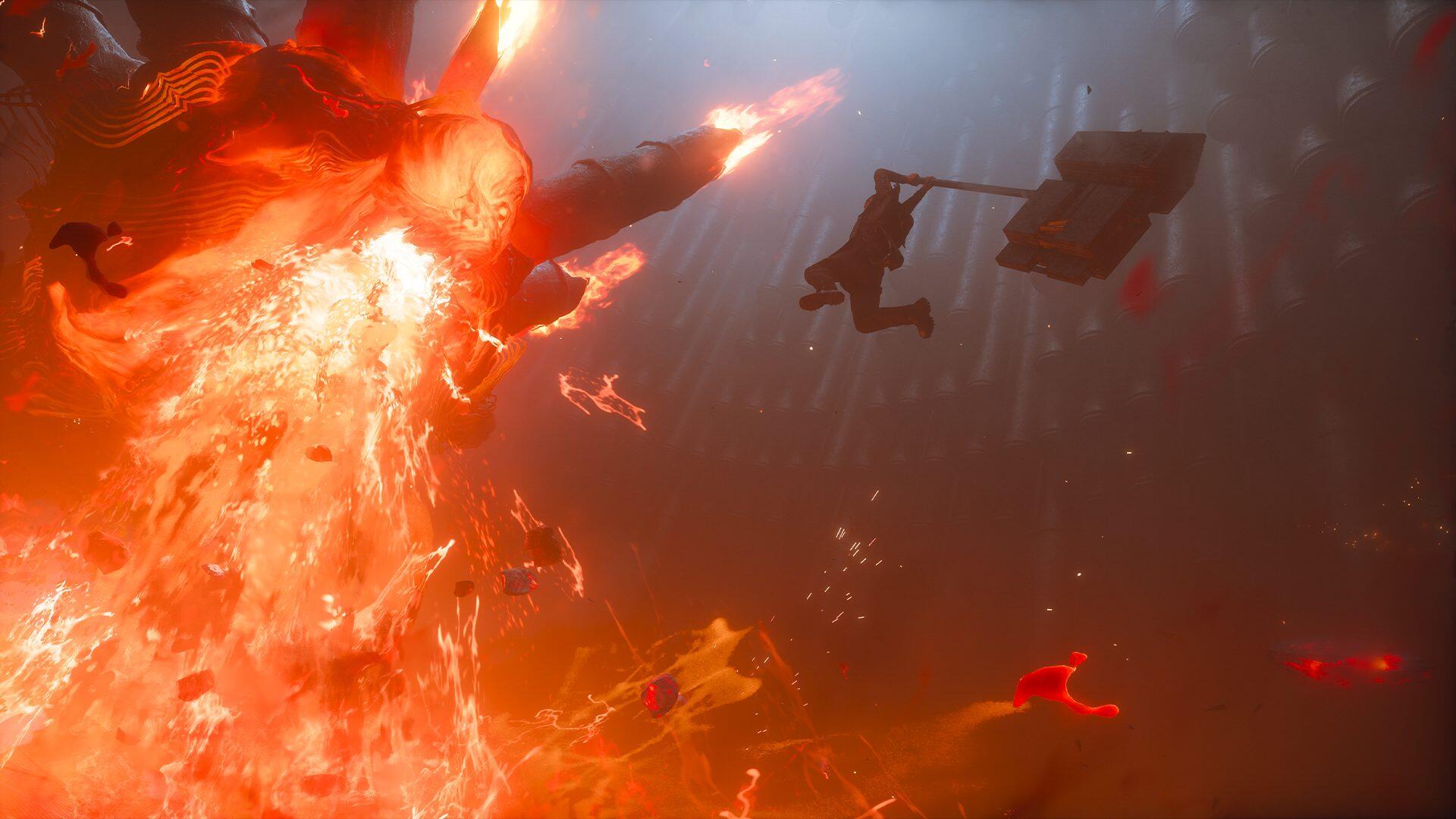 Control Resonant HD wallpaper: silhouetted figure swings through a massive explosion of fire and flame, tagged Dylan Faden.