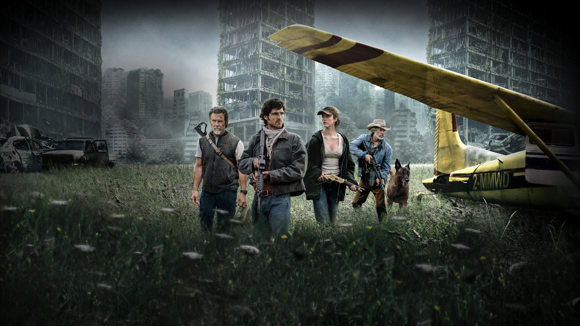 The Dog Stars 4K Ultra HD PC desktop wallpaper: four survivors and a yellow bush plane walk through an overgrown field among crumbling high-rises under a stormy sky.