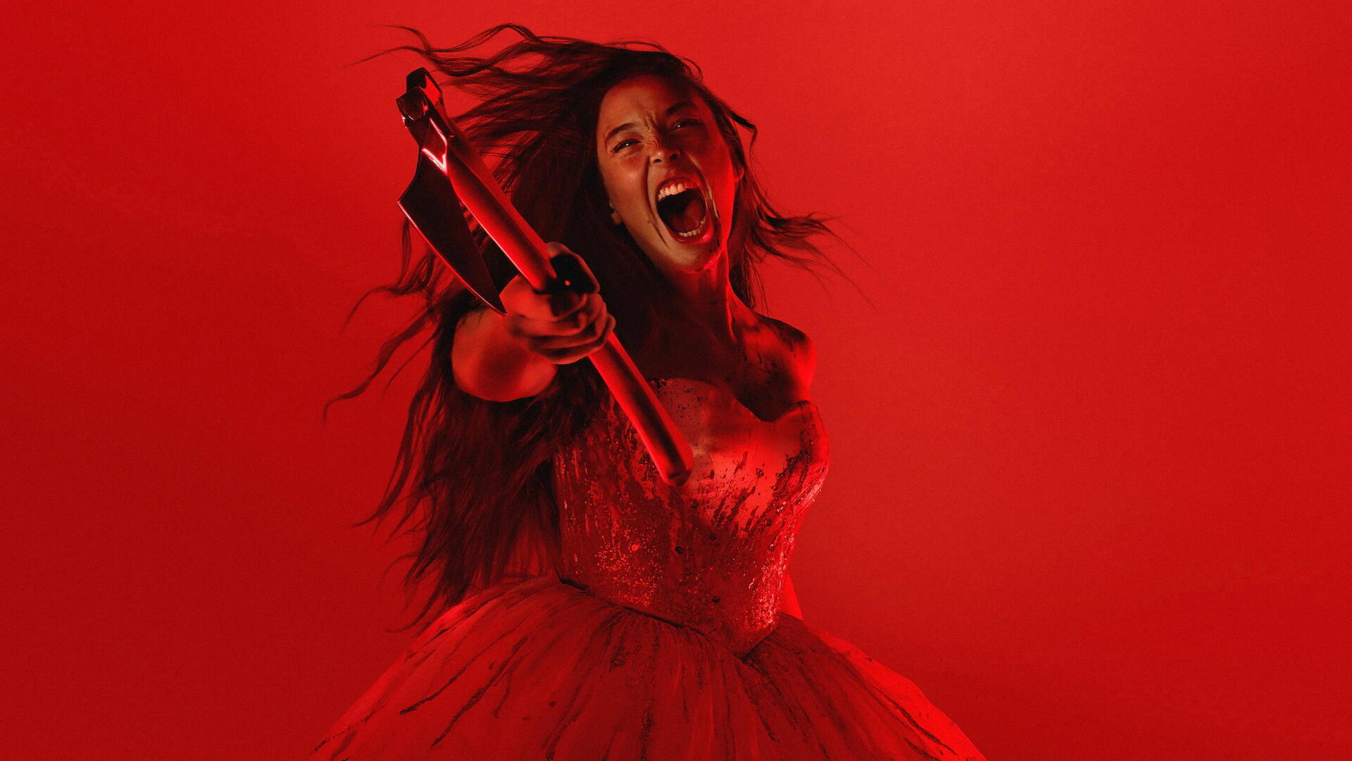Screaming woman in a blood-red gown brandishing an axe against a red backdrop — 4K Ultra HD PC desktop wallpaper for Monster: The Lizzie Borden History.