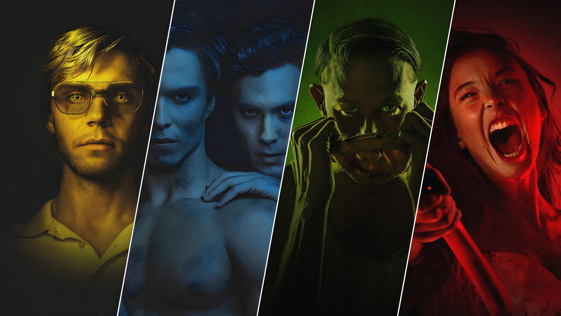 4K Ultra HD PC desktop wallpaper and background: four-panel monster montage — yellow-lit man with glasses, blue-toned twins, green sinister figure, red-screaming woman