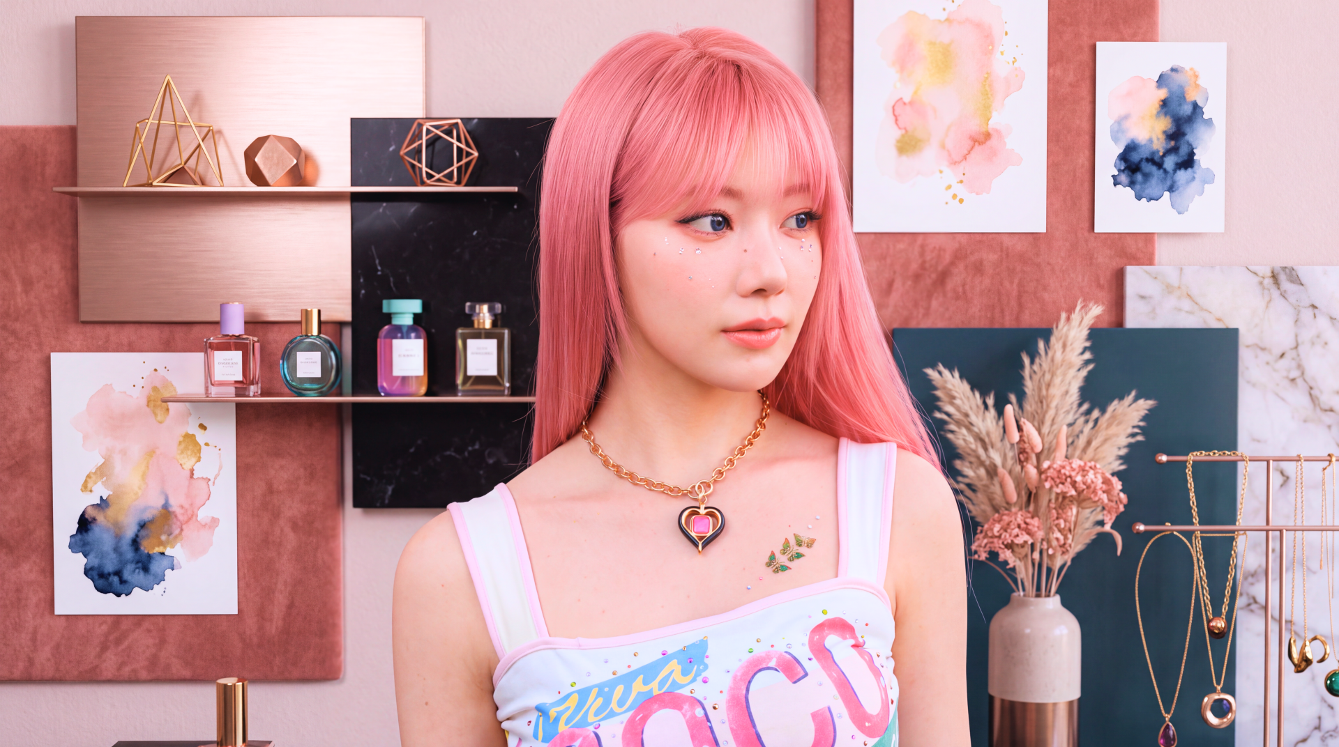 5K UHD desktop wallpaper of a K-pop Japanese model with long pink hair, wearing a heart necklace and pastel graphic top against stylish shelves and dried flowers.
