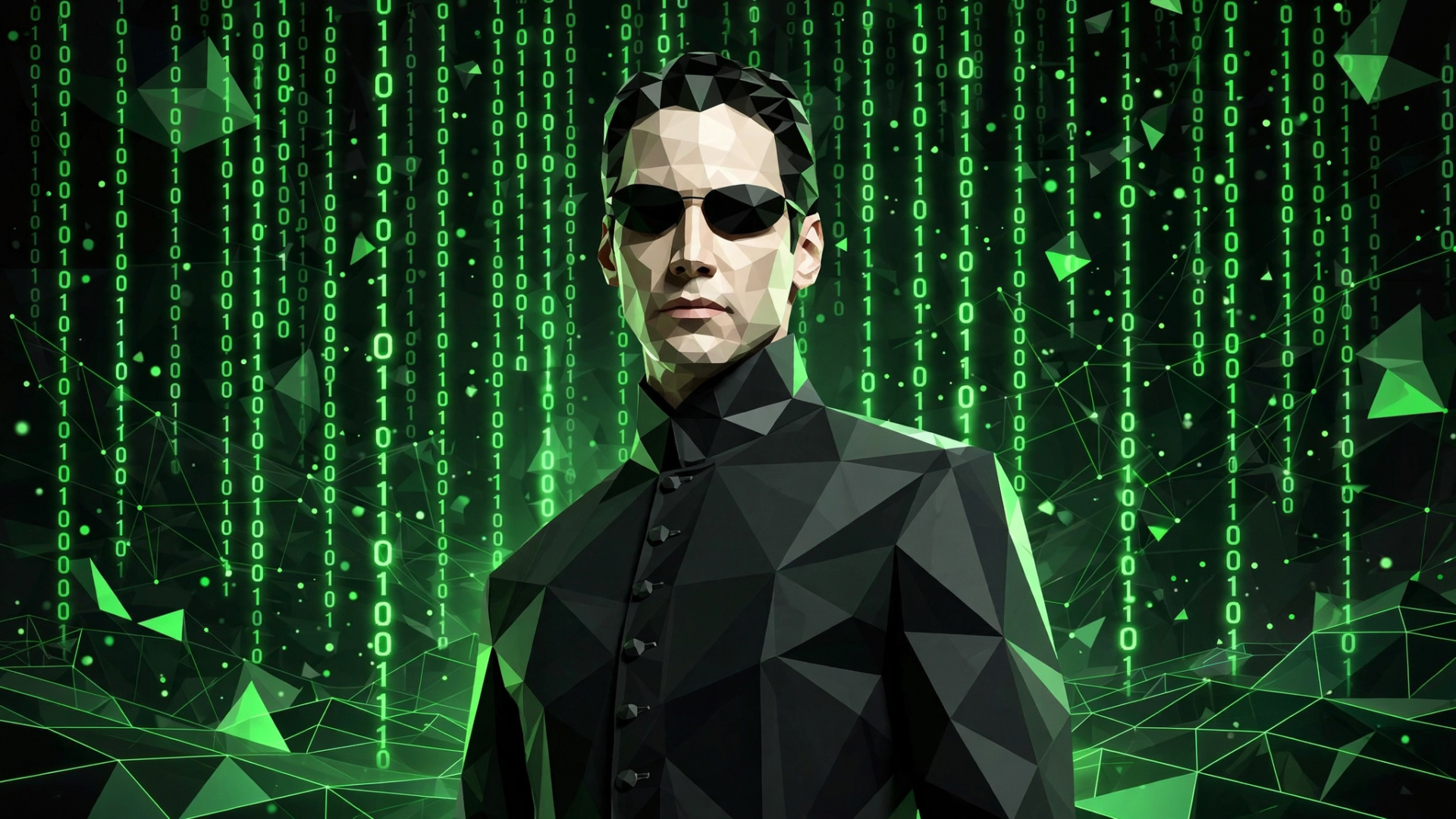 HD PC desktop wallpaper of Neo (The Matrix): polygonal man in black coat and sunglasses standing before cascading green Matrix code.