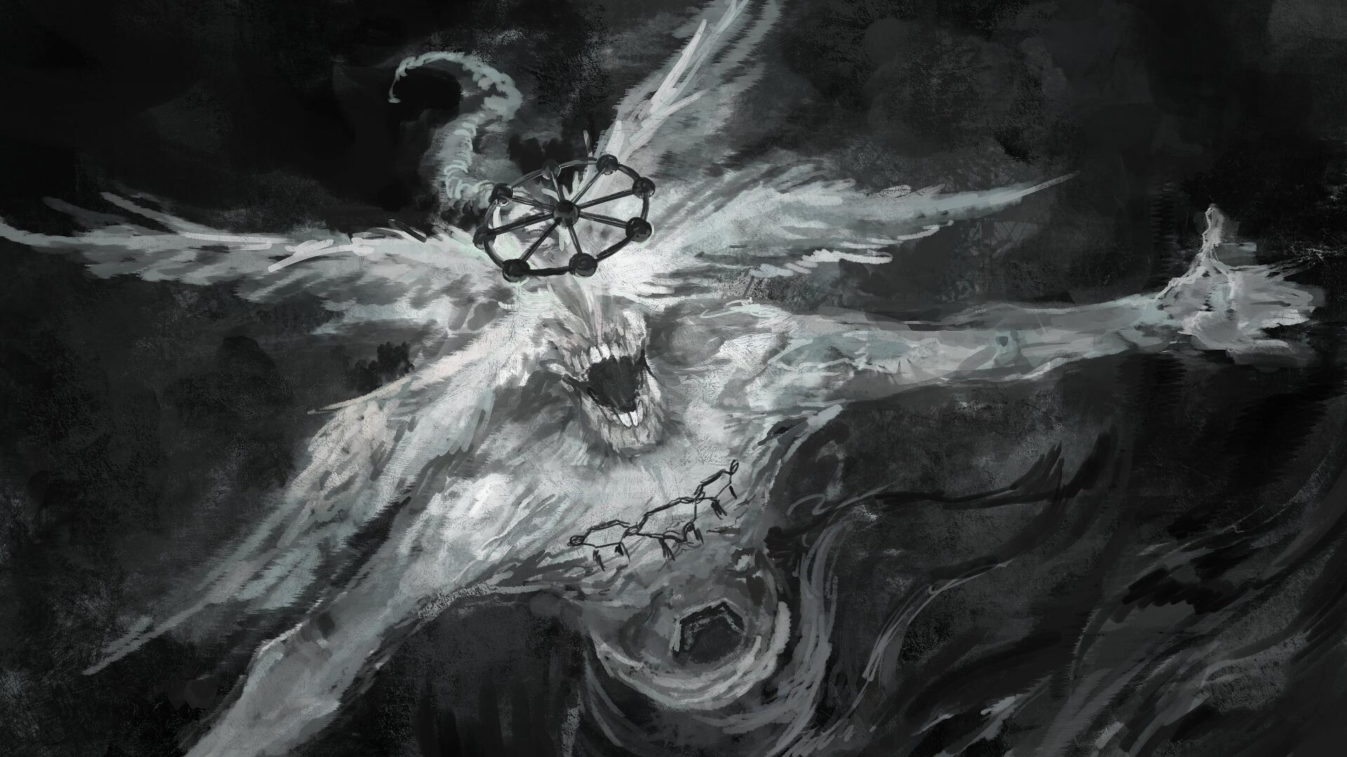 Monochrome depiction of Mahoraga (Jujutsu Kaisen): multi-limbed snarling demon/monster emerging from swirling shadows, rendered as a 4K Ultra HD PC desktop wallpaper background.